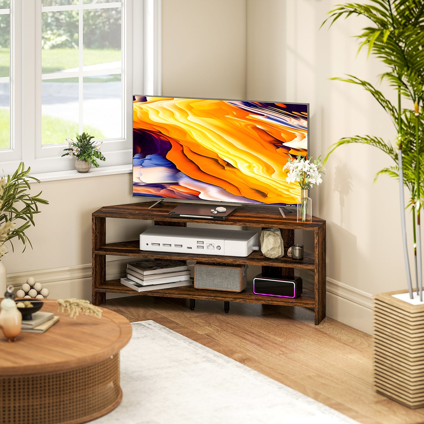 Corner TV Stand, TV Unit with Open Shelves for 47 Inch TV, Brown