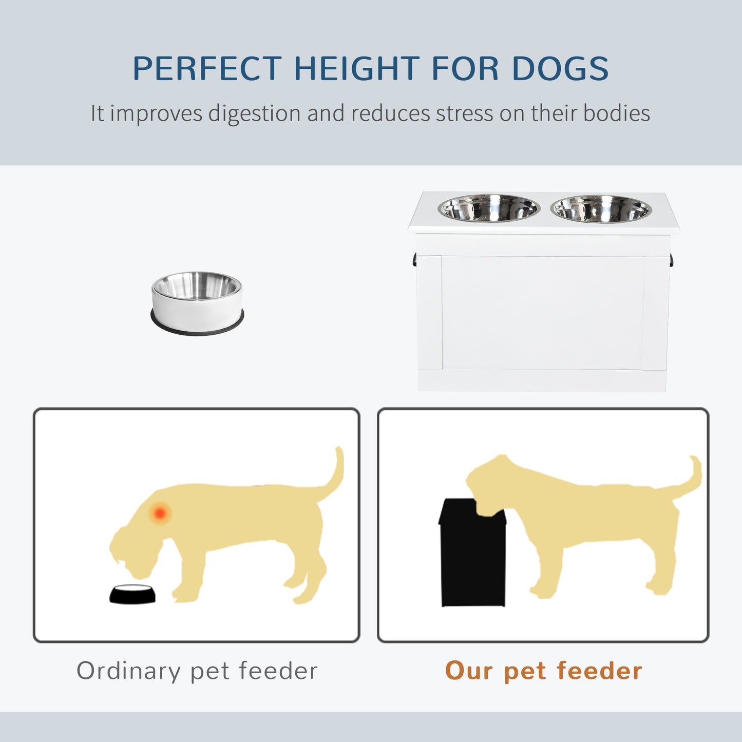 Raised Dog Bowls Pet Feeding Storage Station with 2 Stainless Steel Bowls Base for Large Dogs and Other Large Pets, White