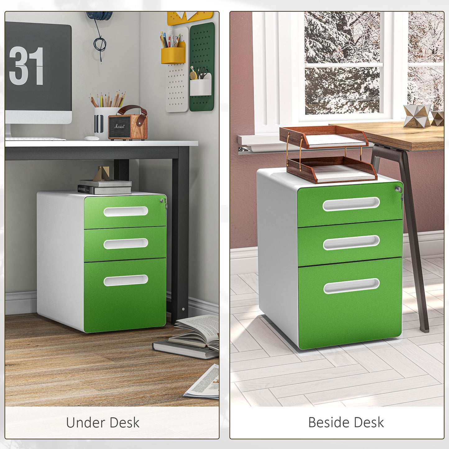 Vinsetto 3 Drawer Modern Steel Filing Cabinet w/ 4 Wheels Lock Box Green