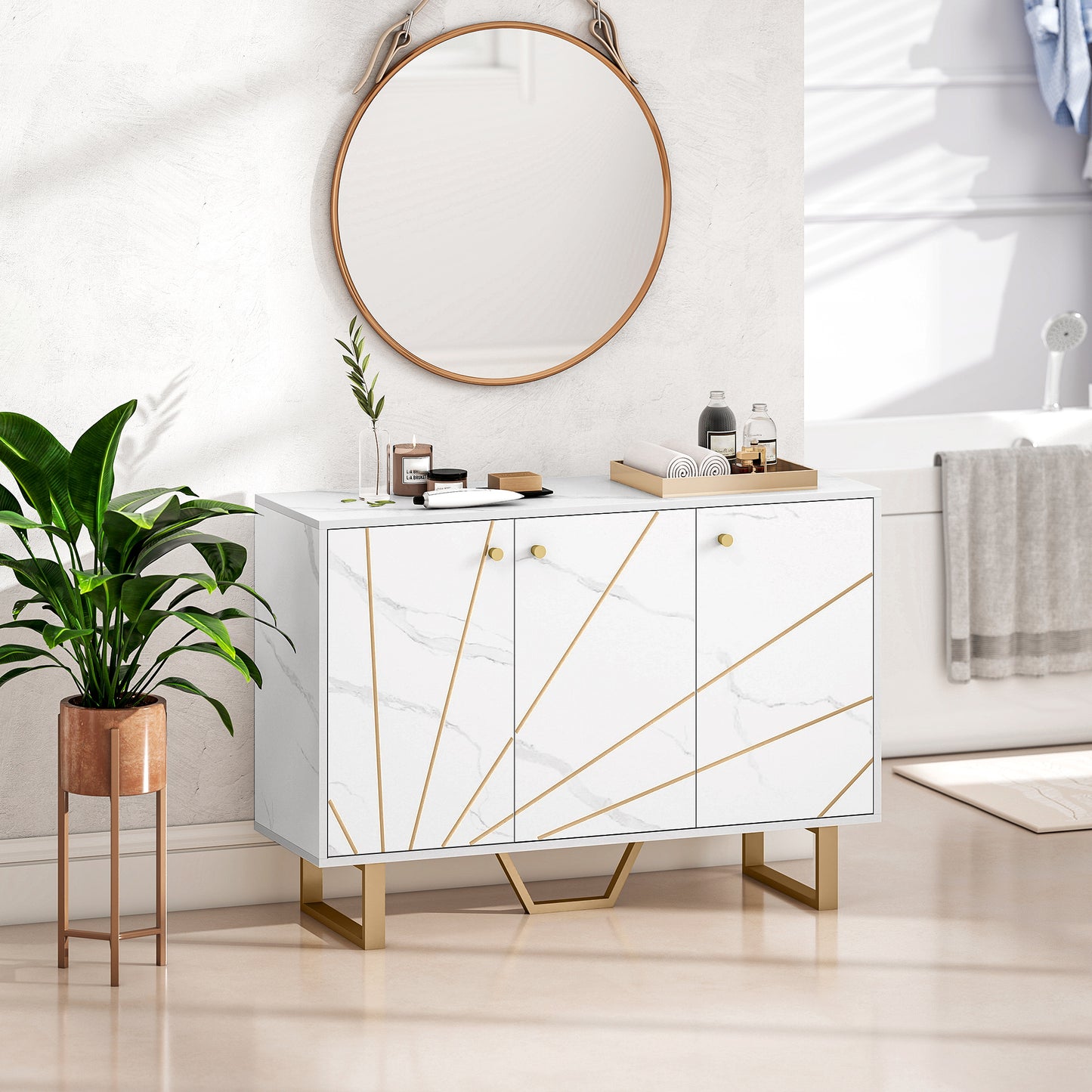 Sideboard Storage Cupboard with Metal Legs for Living Room, White
