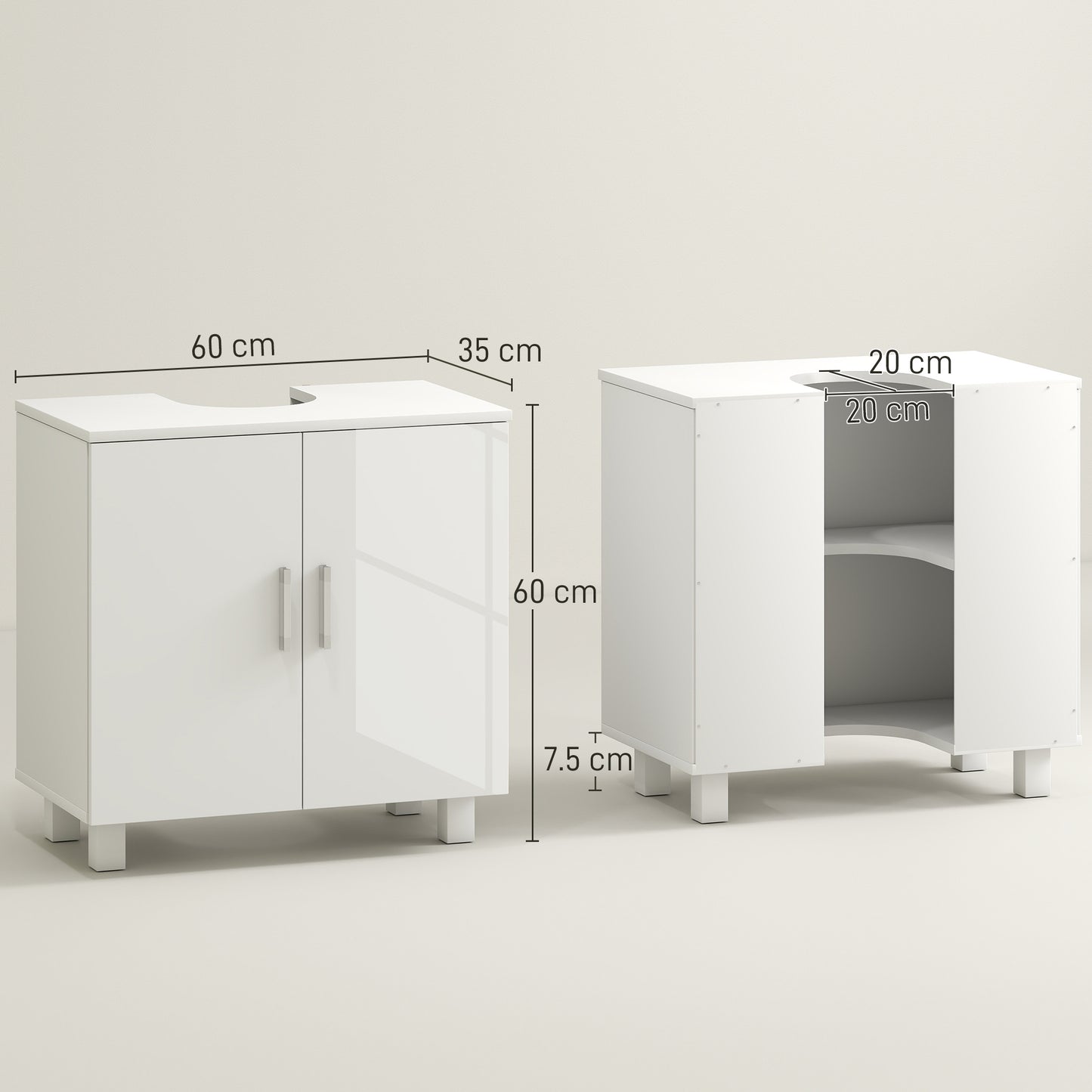 Freestanding Bathroom High Gloss Under Sink Cabinet, White