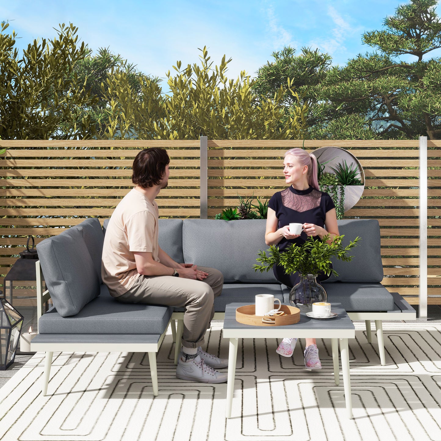 3 Piece Garden Furniture Set with 5-Level Adjustable Lounger, Grey