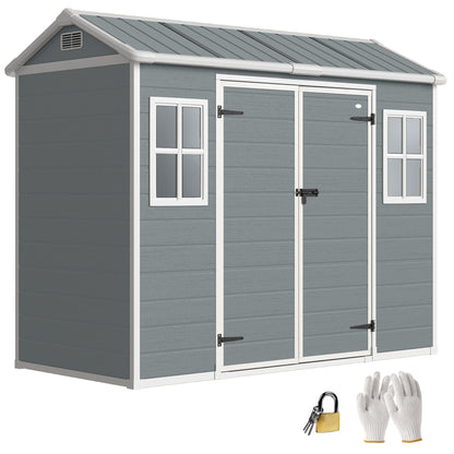 8 x 4 ft Resin Garden Shed with Floor, Lockable Doors, Light Grey