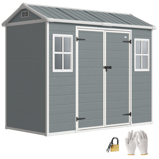 8 x 4 ft Resin Garden Shed with Floor, Lockable Doors, Light Grey