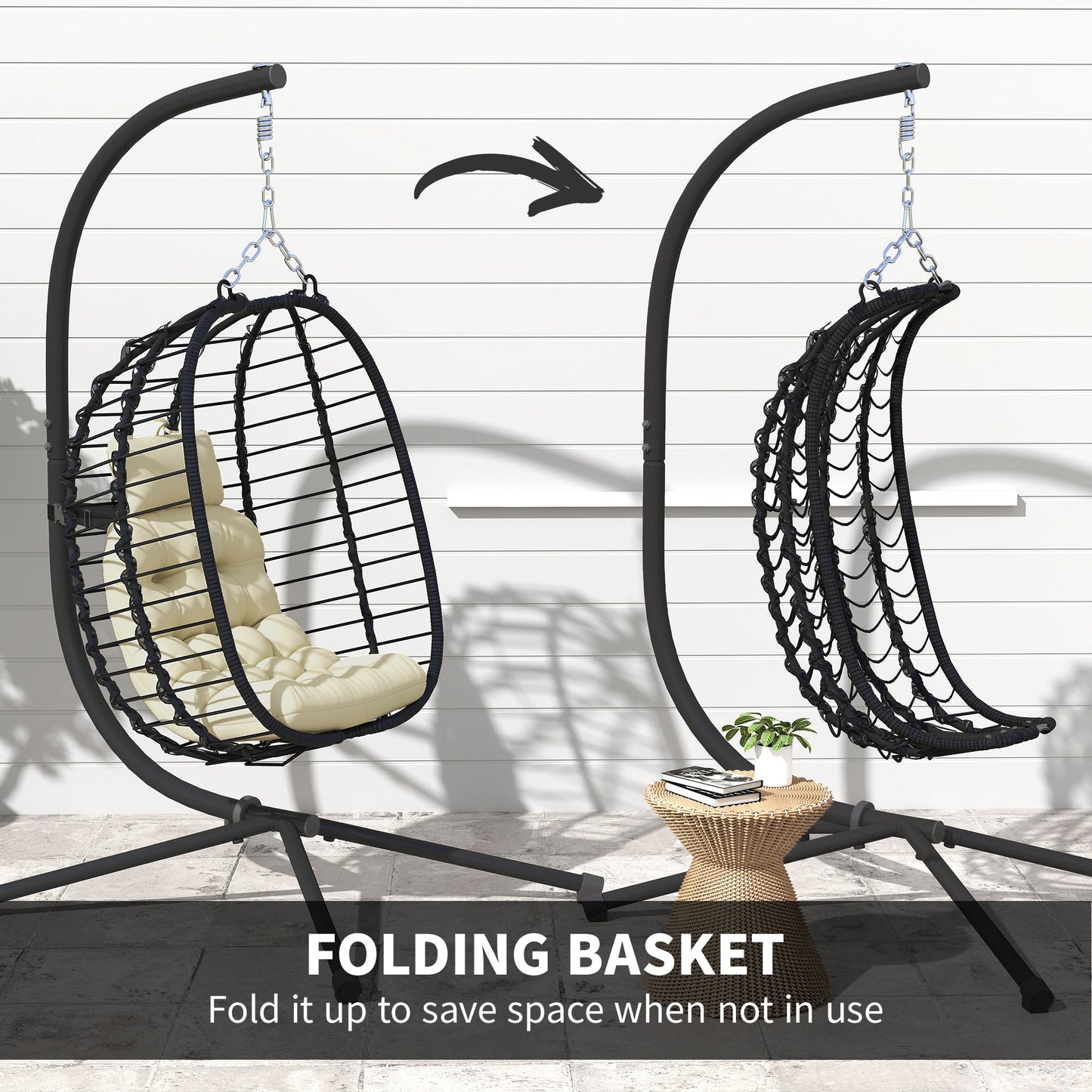 Rattan Hanging Egg Chair w/ Stand, Cushion, Headrest, Cream White