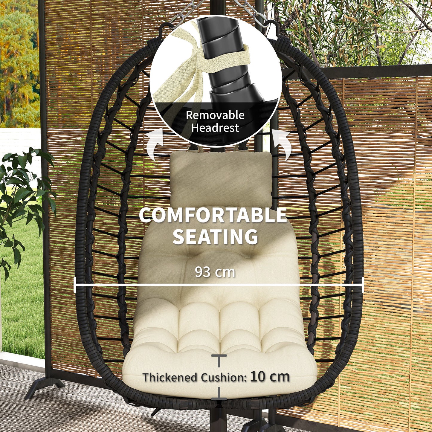 Rattan Hanging Egg Chair w/ Stand, Cushion, Headrest, Cream White