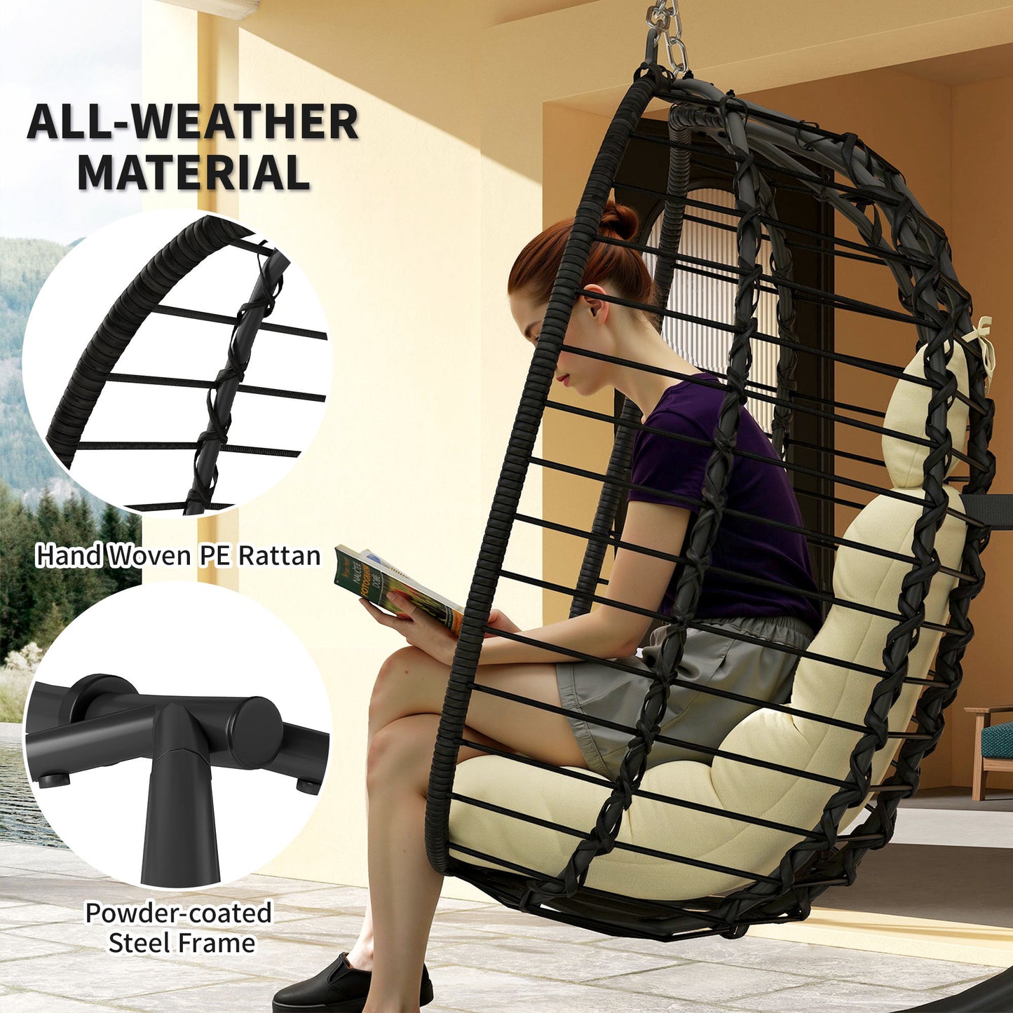 Rattan Hanging Egg Chair w/ Stand, Cushion, Headrest, Cream White