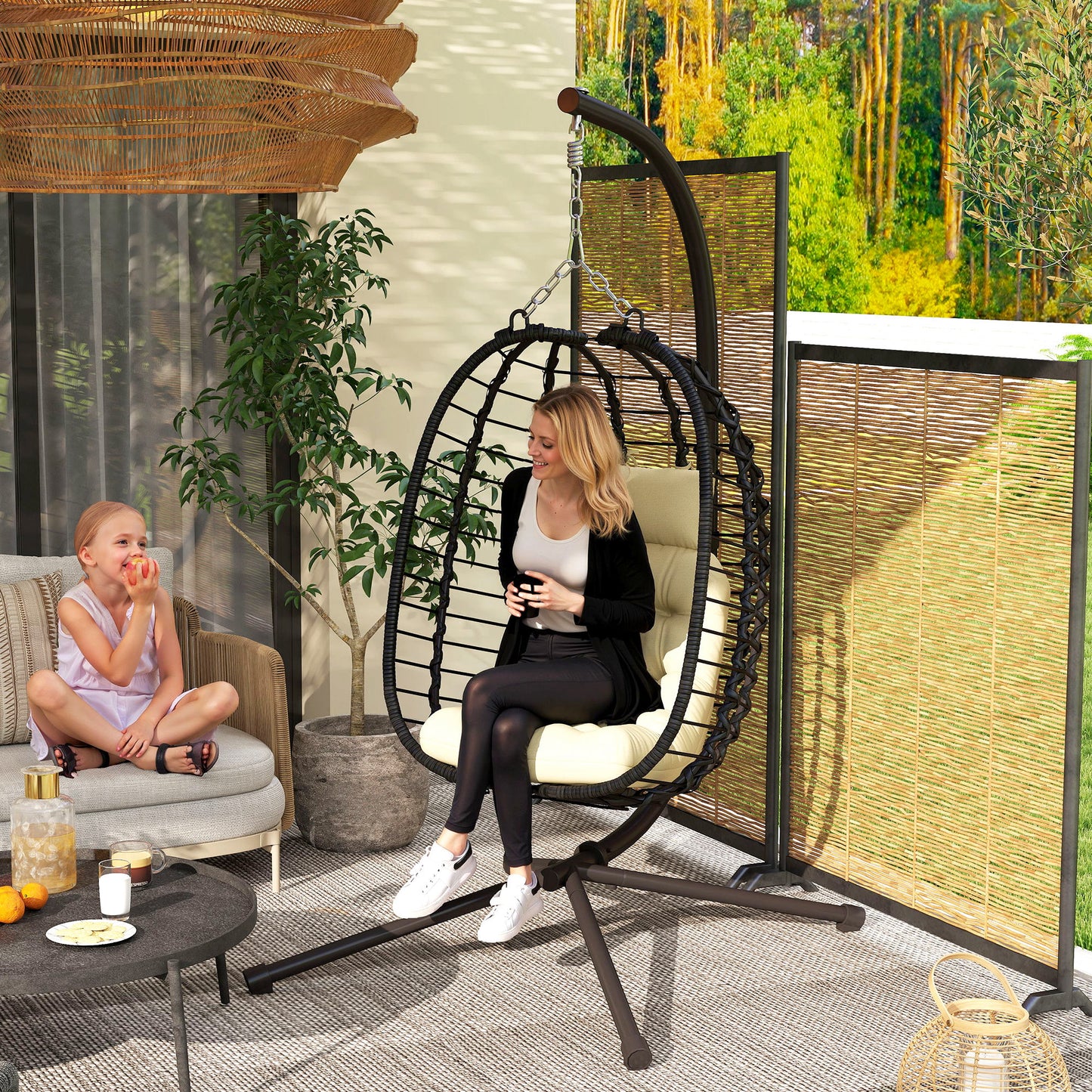 Rattan Hanging Egg Chair w/ Stand, Cushion, Headrest, Cream White