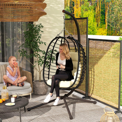Rattan Hanging Egg Chair w/ Stand, Cushion, Headrest, Cream White
