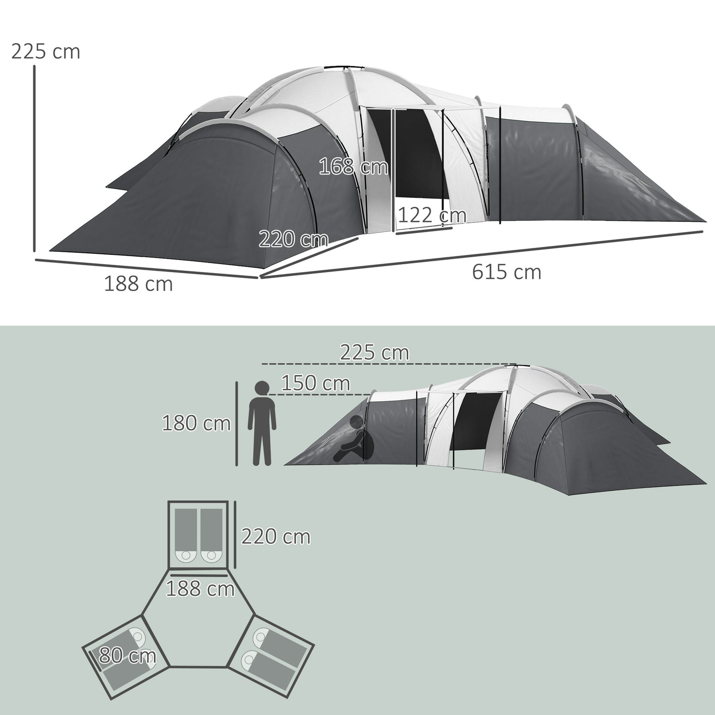 Large Tunnel Tent with 3 Bedroom, Living Area and Porch, Grey