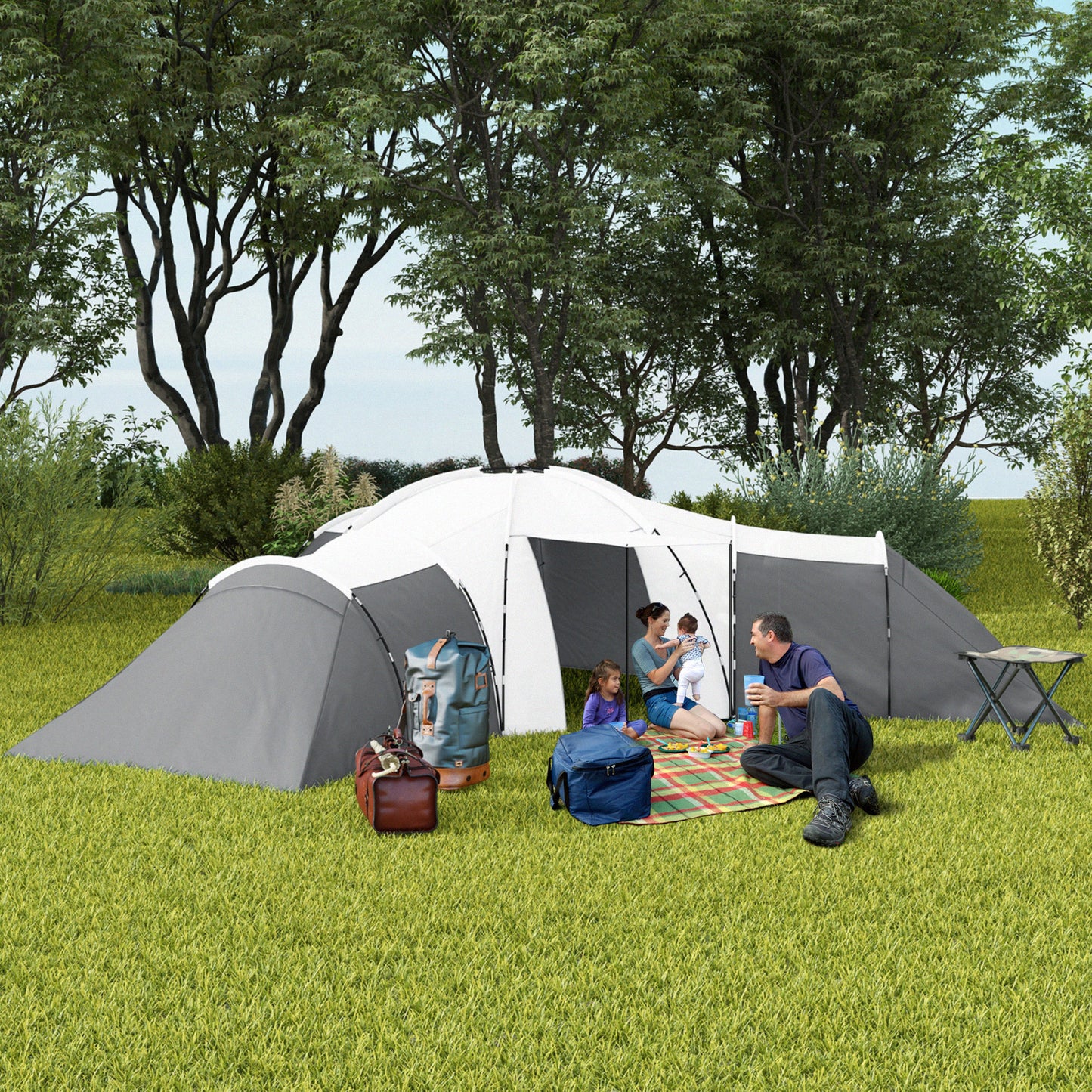 Large Tunnel Tent with 3 Bedroom, Living Area and Porch, Grey