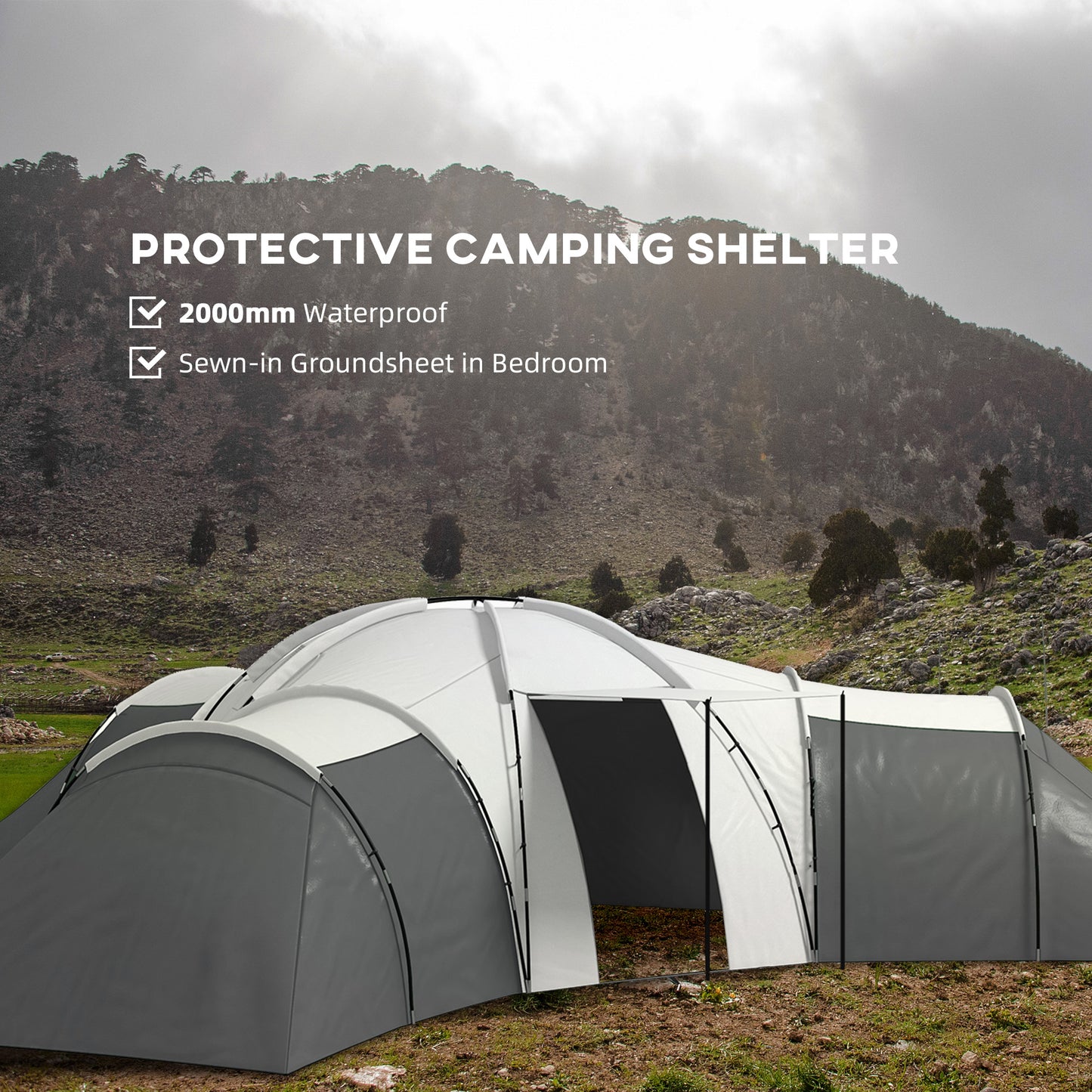 Large Tunnel Tent with 3 Bedroom, Living Area and Porch, Grey