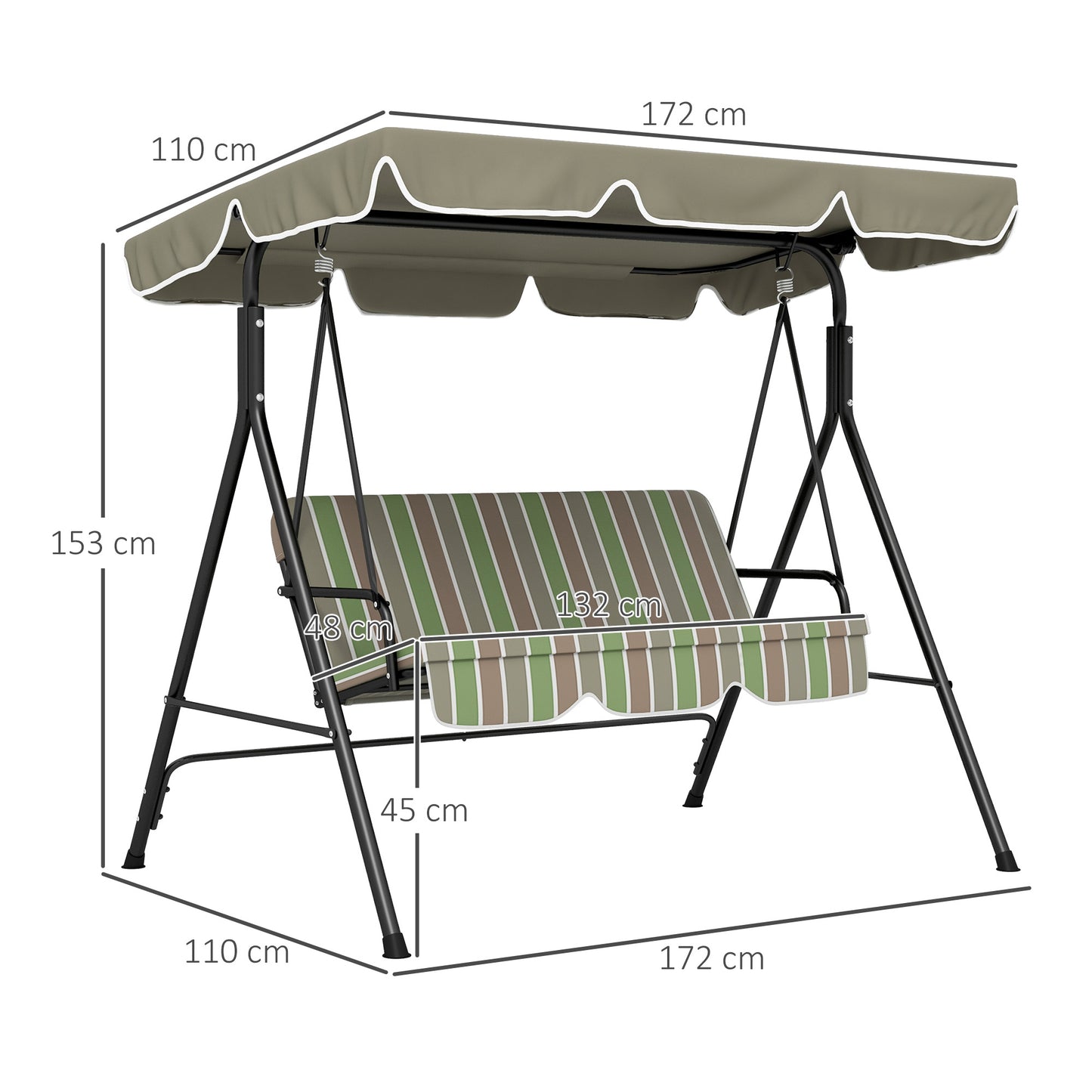 Outdoor 3-person Metal Porch Swing Chair Bench Canopy Green
