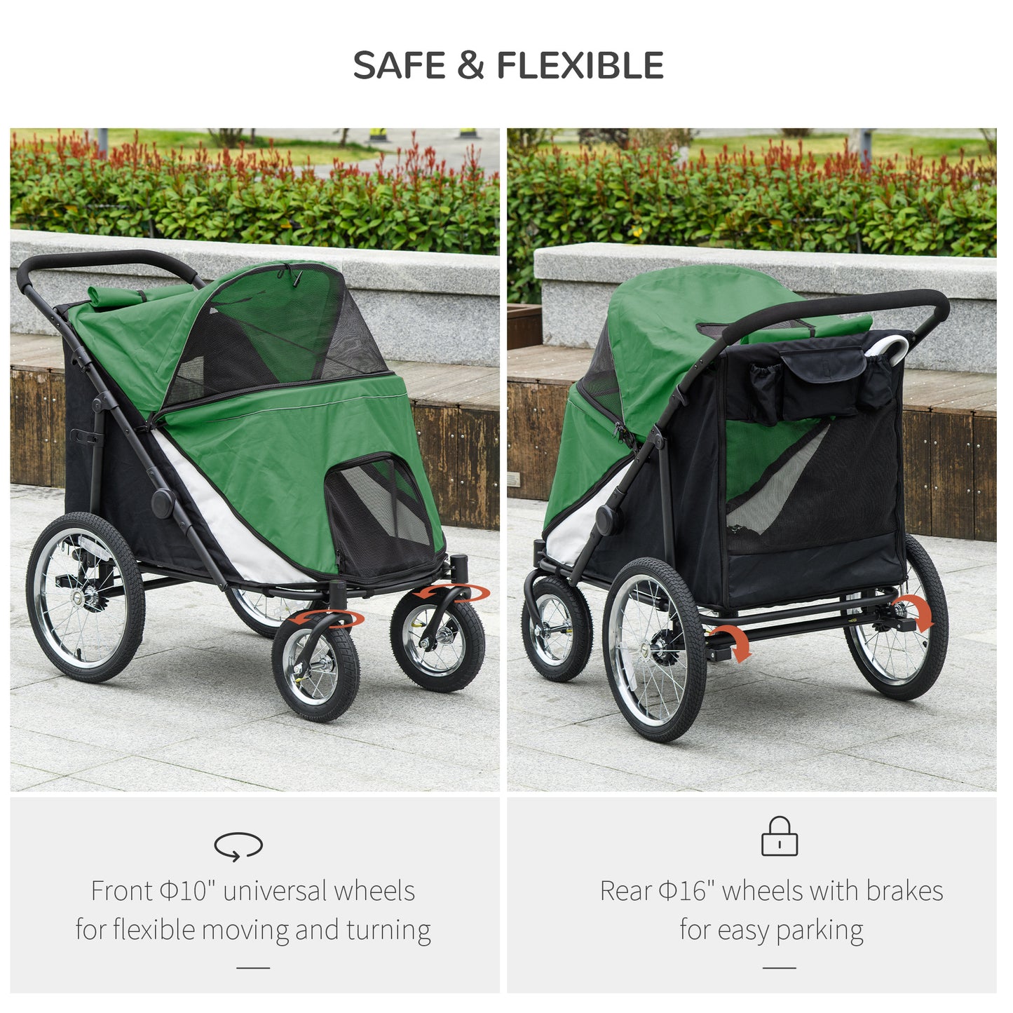 Foldable Pet Stroller with Cushion, for M, L Dogs - Green