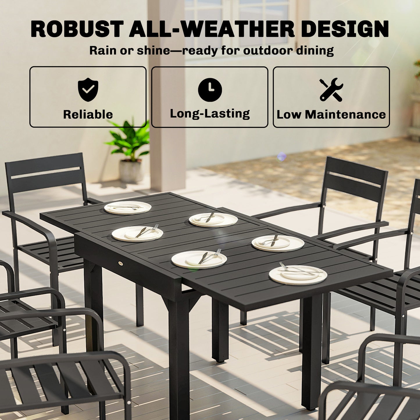 Expandable Patio Table for 4-6 People with Slatted Top, Black
