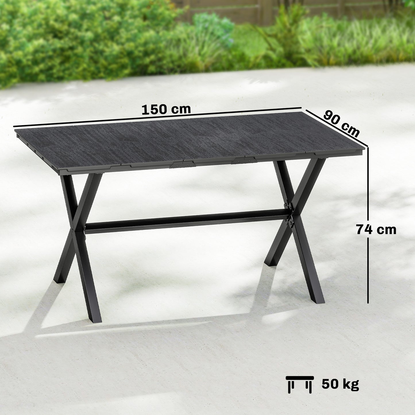 Garden Dining Table, Outdoor Table for 6, Wood Effect Top, Black