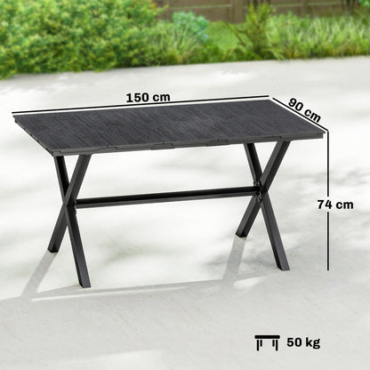 Garden Dining Table, Outdoor Table for 6, Wood Effect Top, Black