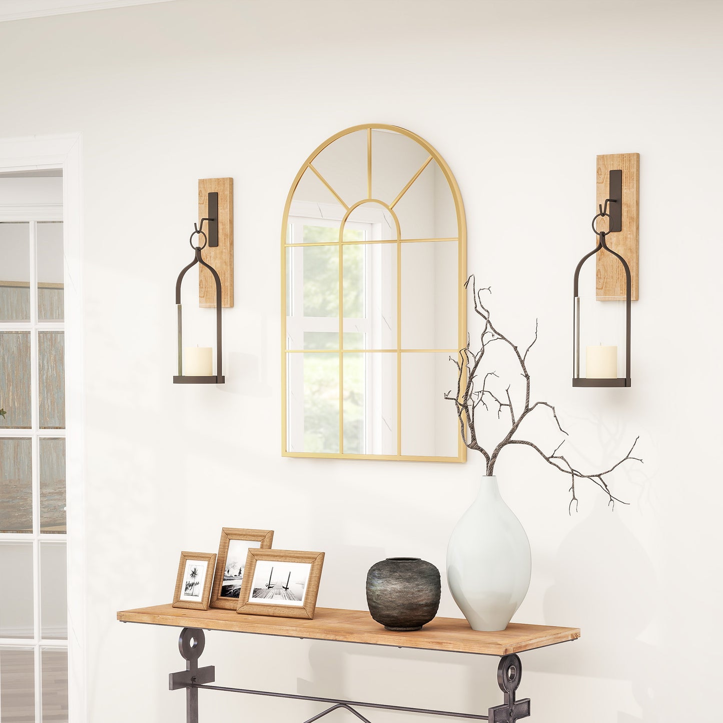 Modern Arched Window Wall Mirror for Bedroom, 91x60cm, Gold Tone