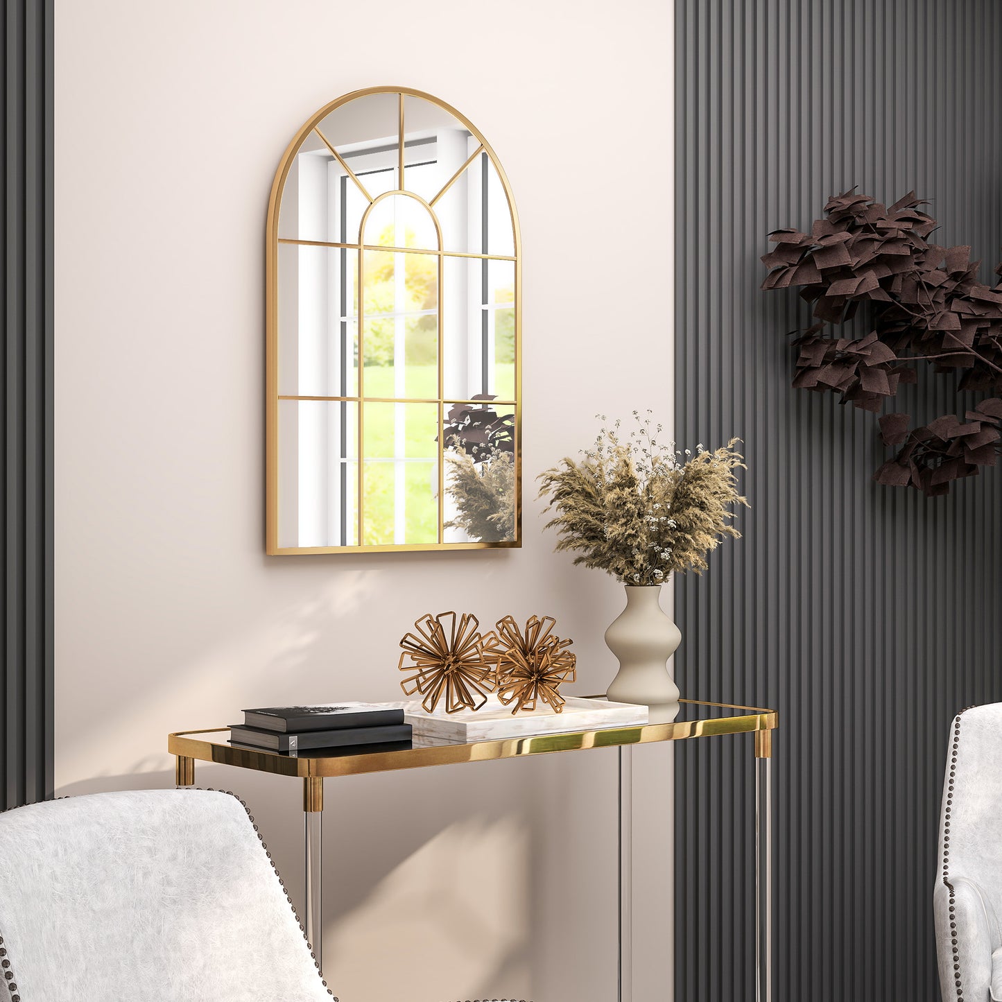 Modern Arched Window Wall Mirror for Bedroom, 91x60cm, Gold Tone