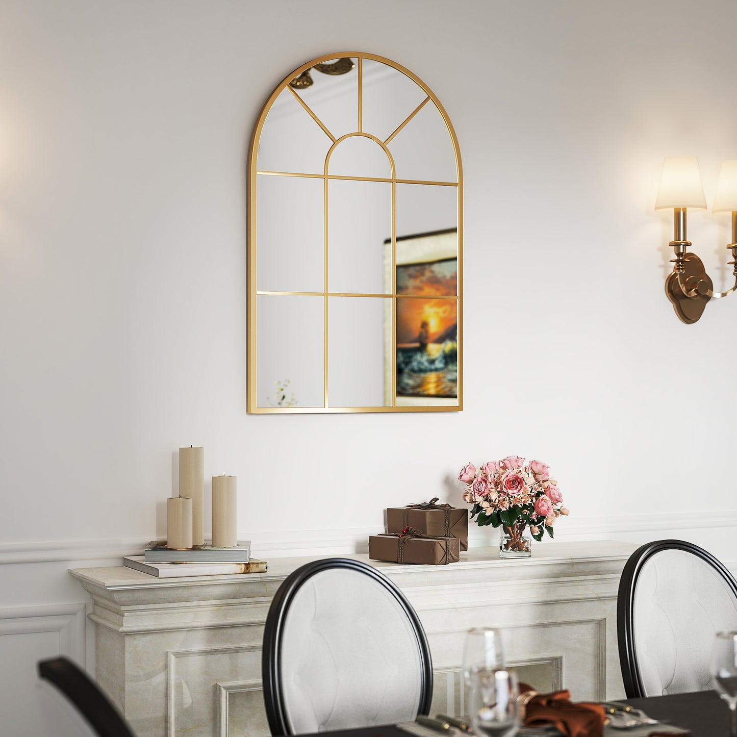 Modern Arched Window Wall Mirror for Bedroom, 91x60cm, Gold Tone
