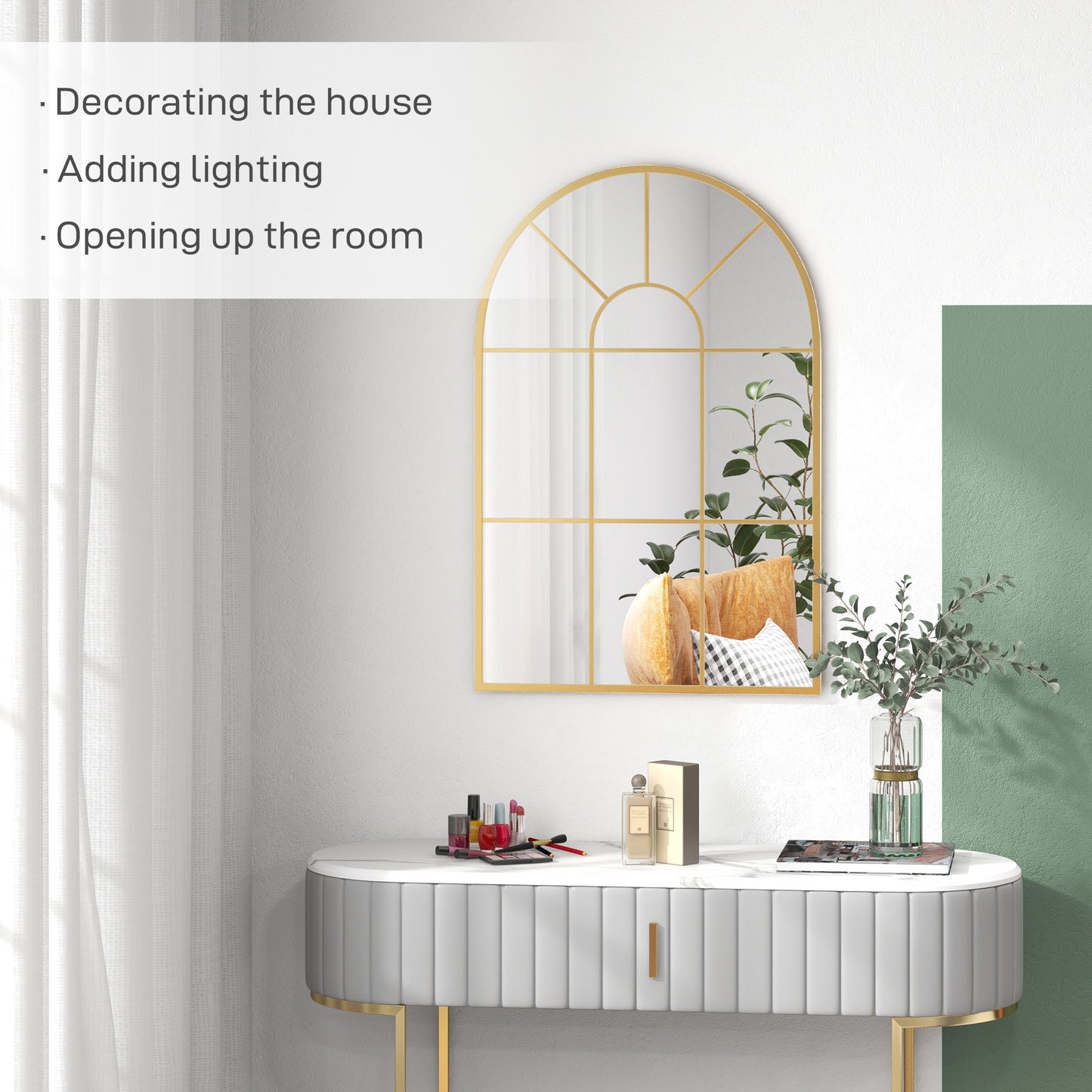 Modern Arched Window Wall Mirror for Bedroom, 91x60cm, Gold Tone