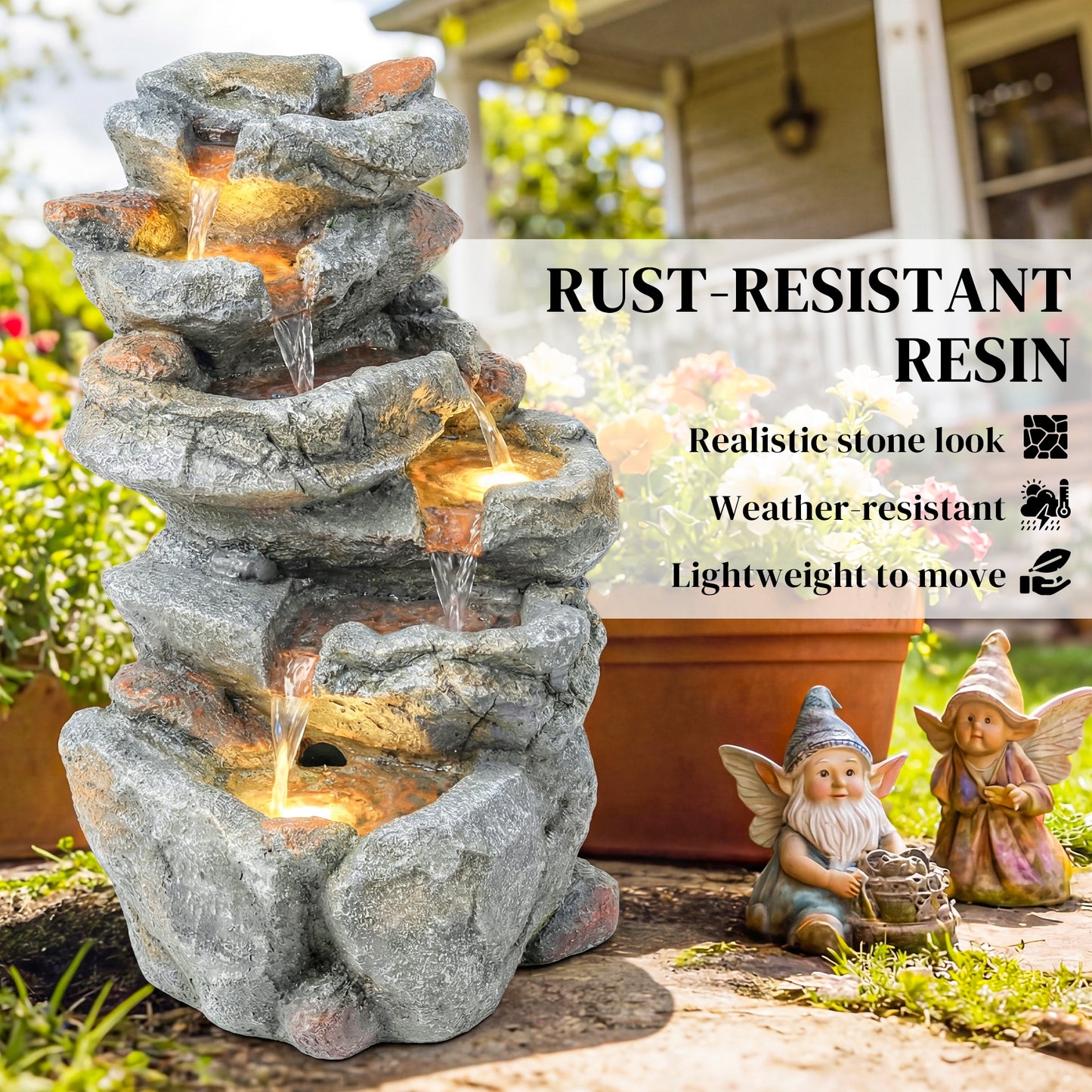 Outdoor Water Fountain with 6-Tier Rock Style, LED Lights, Grey