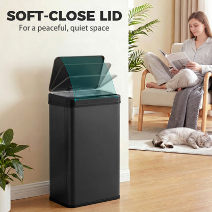 50L Sensor Bin with Quiet Soft-Close Lid, Automatic Touchless Motion Sensor Kitchen Bin with Fingerprint Resistant Stainless Steel for Hygienic Gyms, Home Office Use, Black