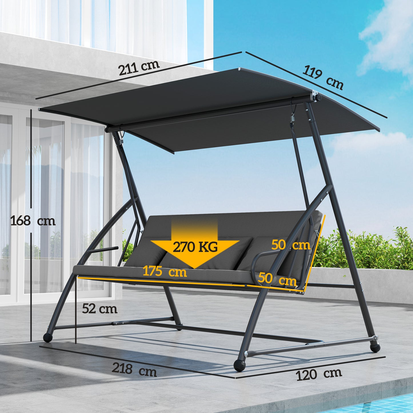 2-in-1 Swing Chair 3 Seater Hammock Cushion Bed Tilt Canopy Grey