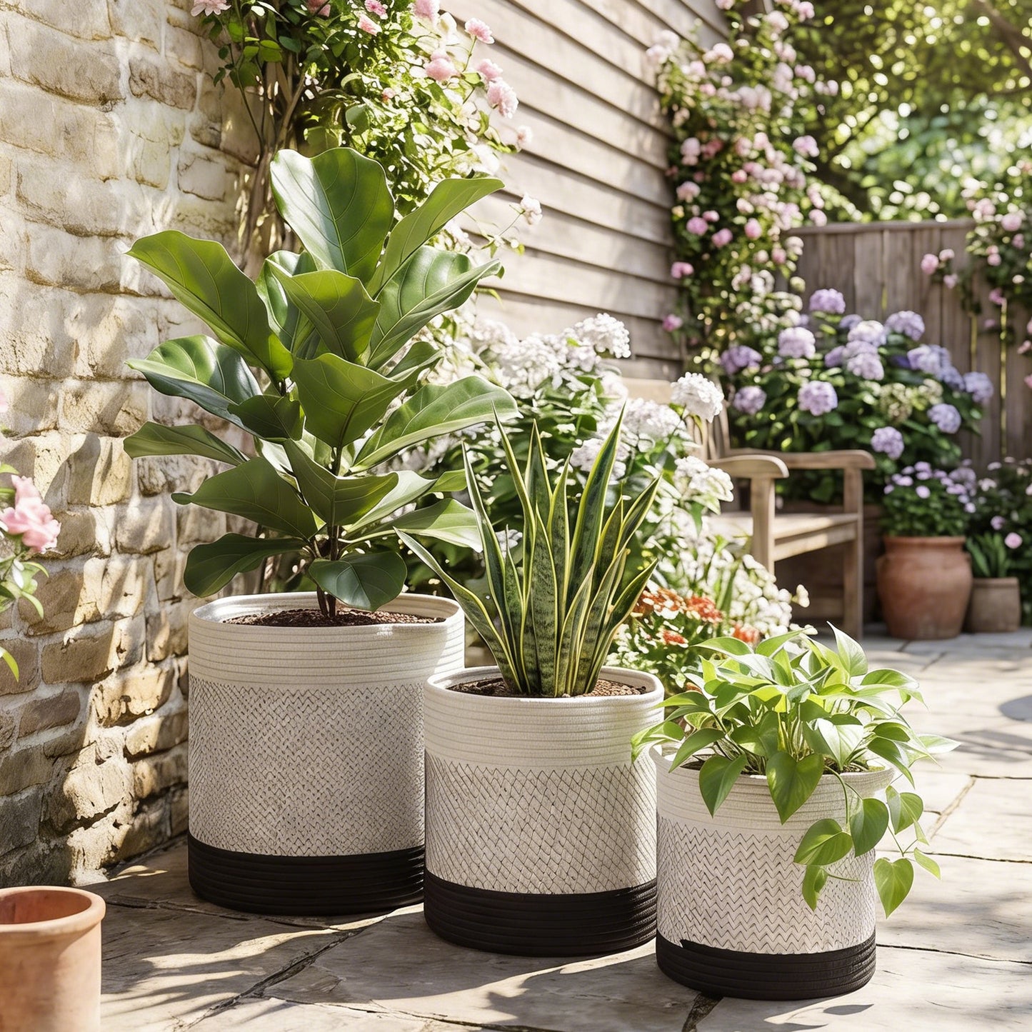 Plant Pots Handwoven Cotton Set of 3 White