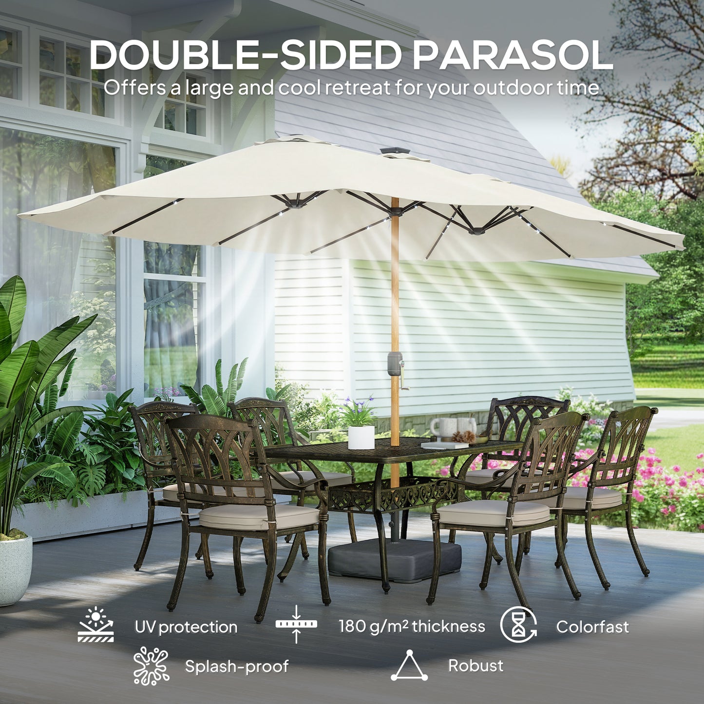 Double Sided Garden Parasol with 48 Solar LED Lights 4.6m Cream White