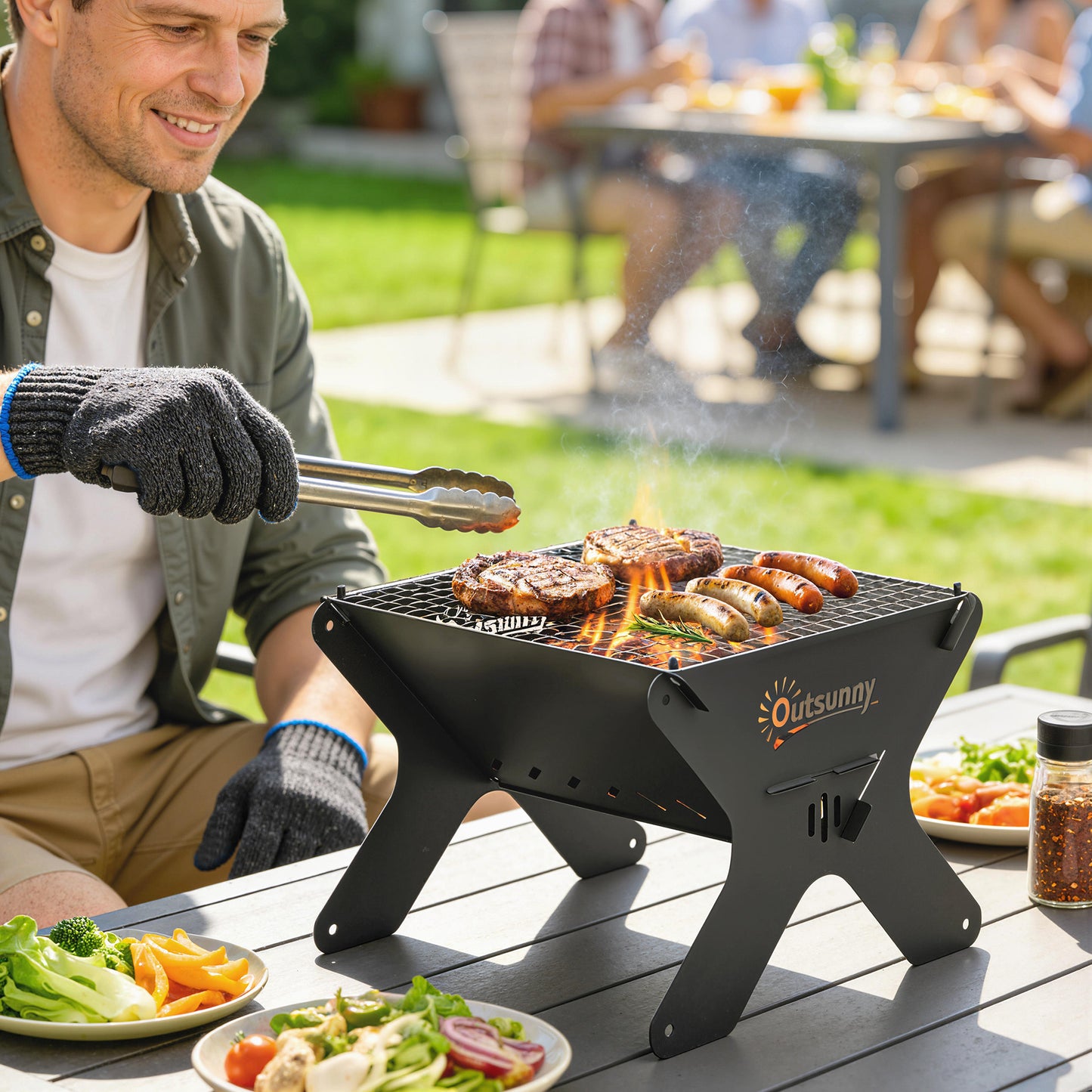 2-In-1 Portable BBQ Grill and Camping Fire Pit with Gloves
