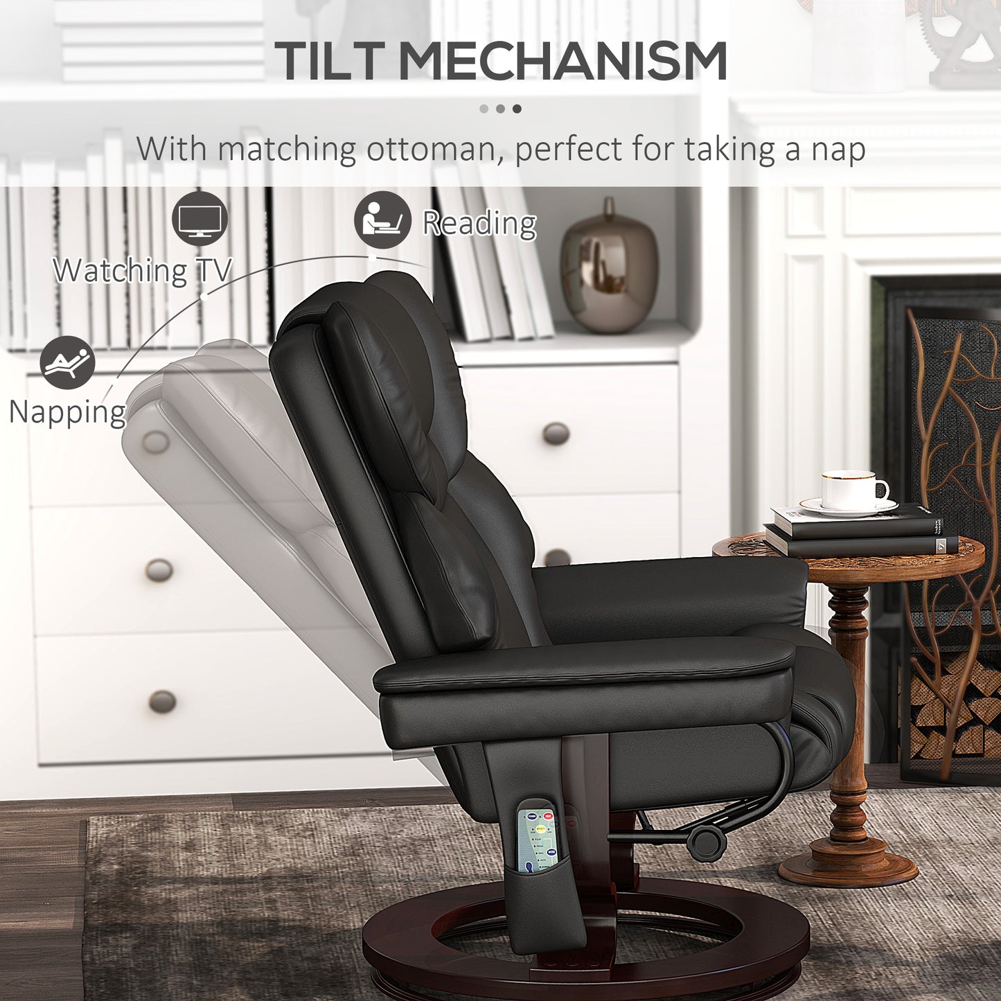 Massage Recliner Chair with Footstool and Adjustable Backrest, Black