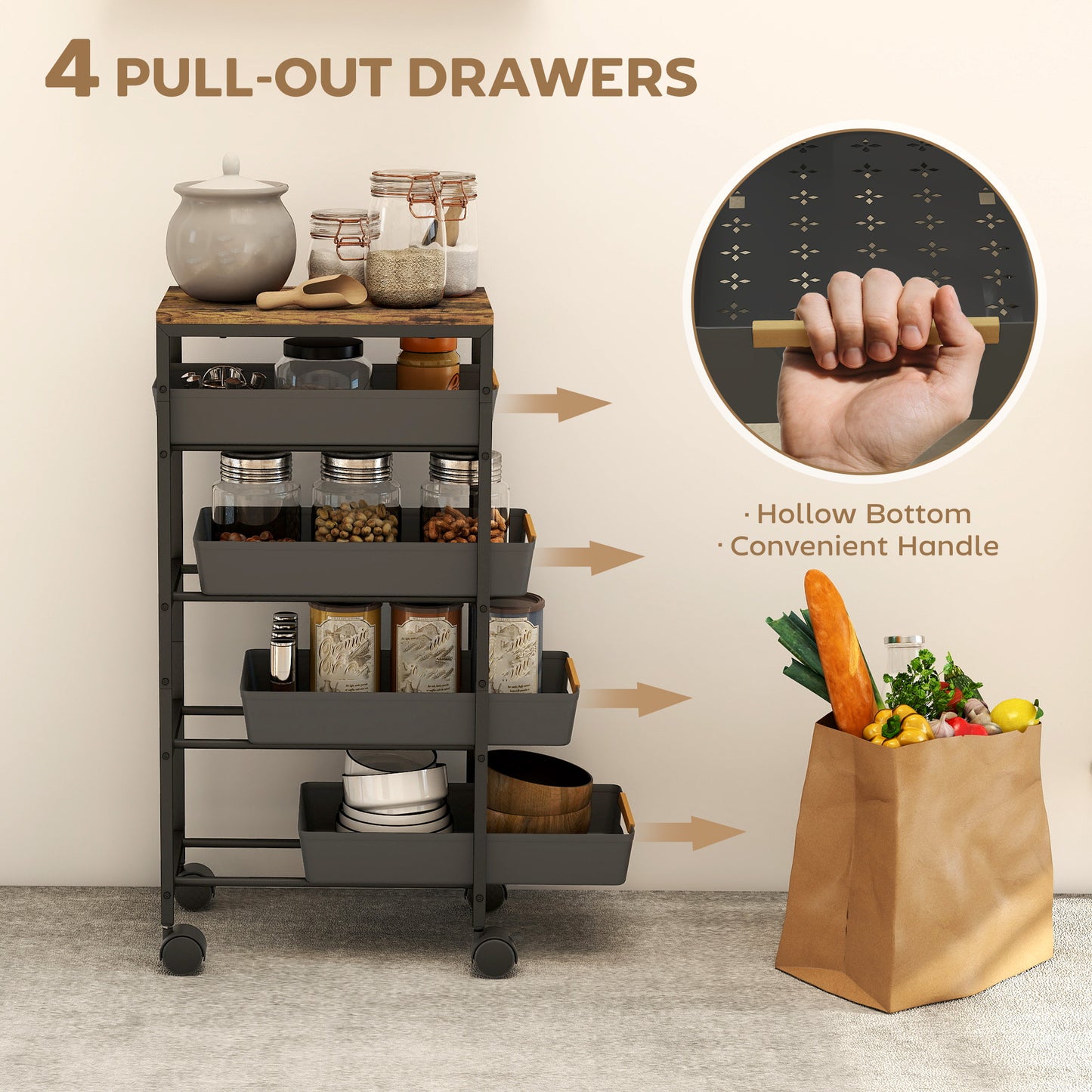 Kitchen Storage Trolley Mobile Utility Cart for Kitchen Office Black