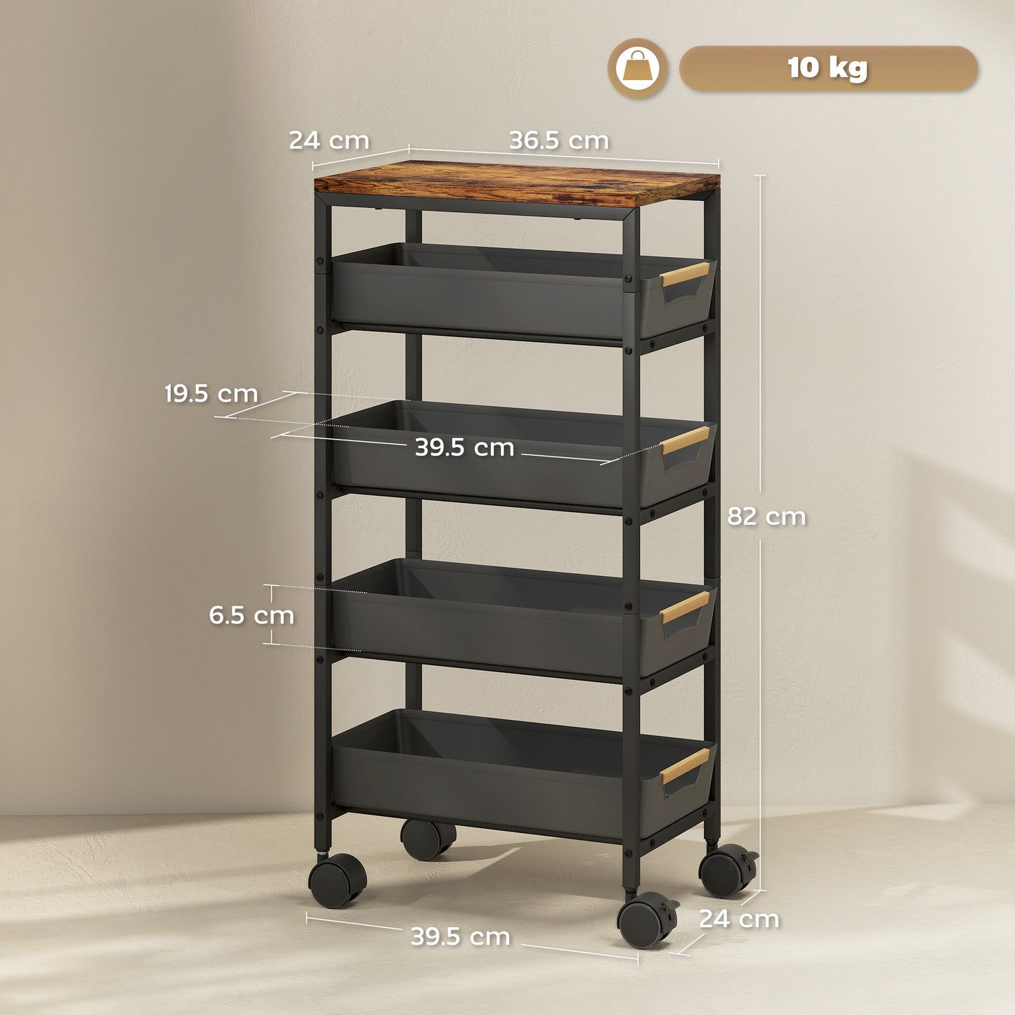 Kitchen Storage Trolley Mobile Utility Cart for Kitchen Office Black