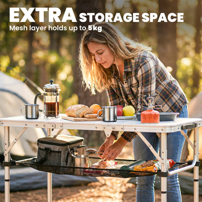 3ft Folding Camping Table, Picnic Table with Storage Layer, White