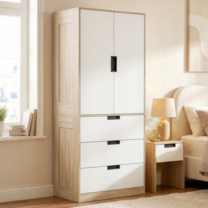 2 Door Wardrobe with 3 Drawers & Hanging Rail, Modern Clothes Storage Cupboard Unit, Bedroom Wardrobe with Soft Closing Hinge, 50D x 80W x 180Hcm, Oak