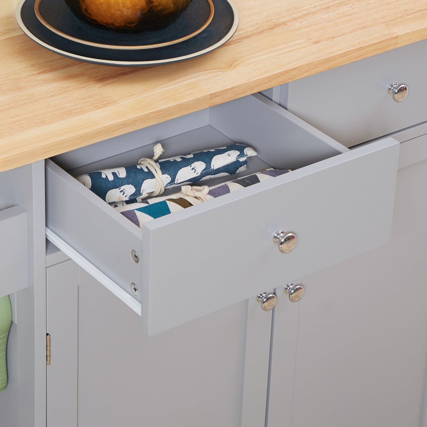 Rolling Kitchen Island, Utility Serving Cart with Rubber Wood Top Grey