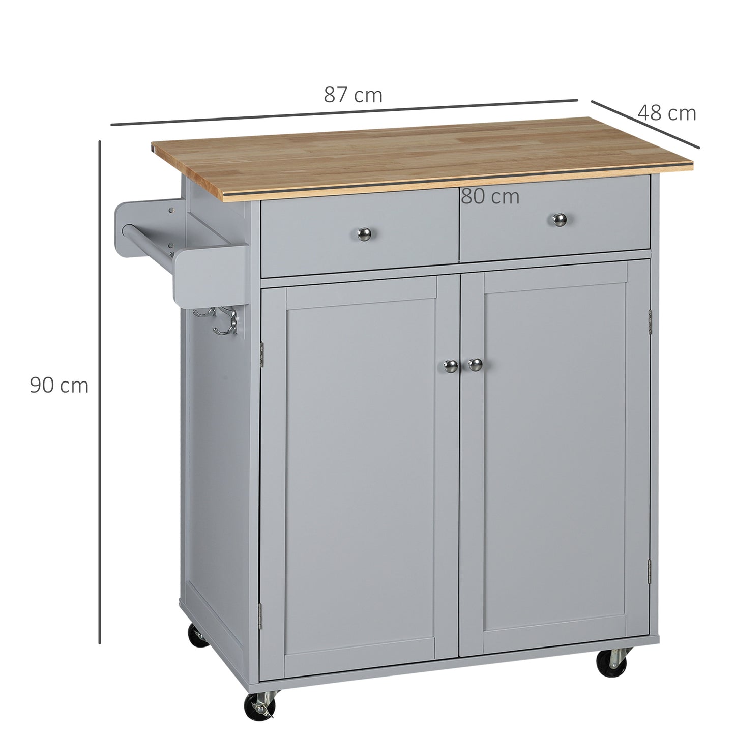 Rolling Kitchen Island, Utility Serving Cart with Rubber Wood Top Grey