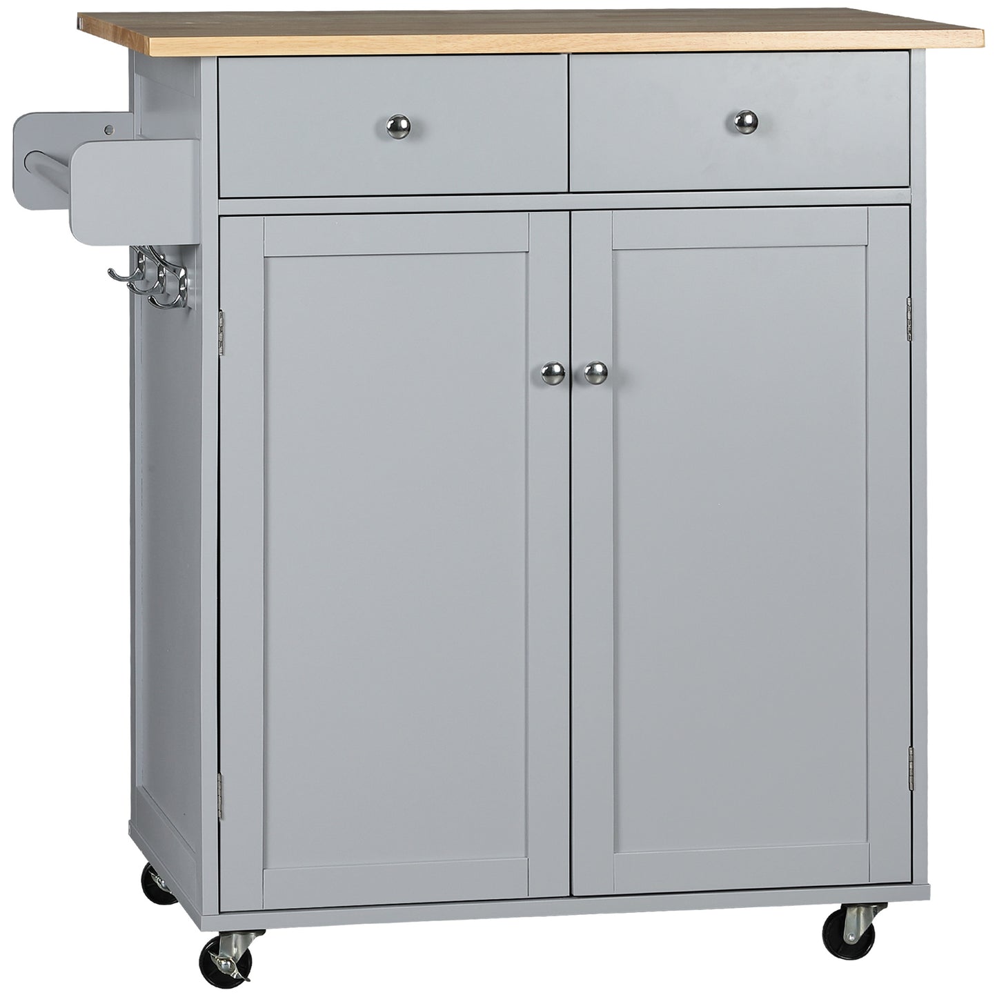 Rolling Kitchen Island, Utility Serving Cart with Rubber Wood Top Grey