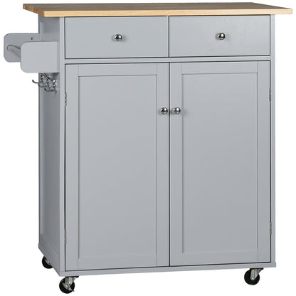 Rolling Kitchen Island, Utility Serving Cart with Rubber Wood Top Grey
