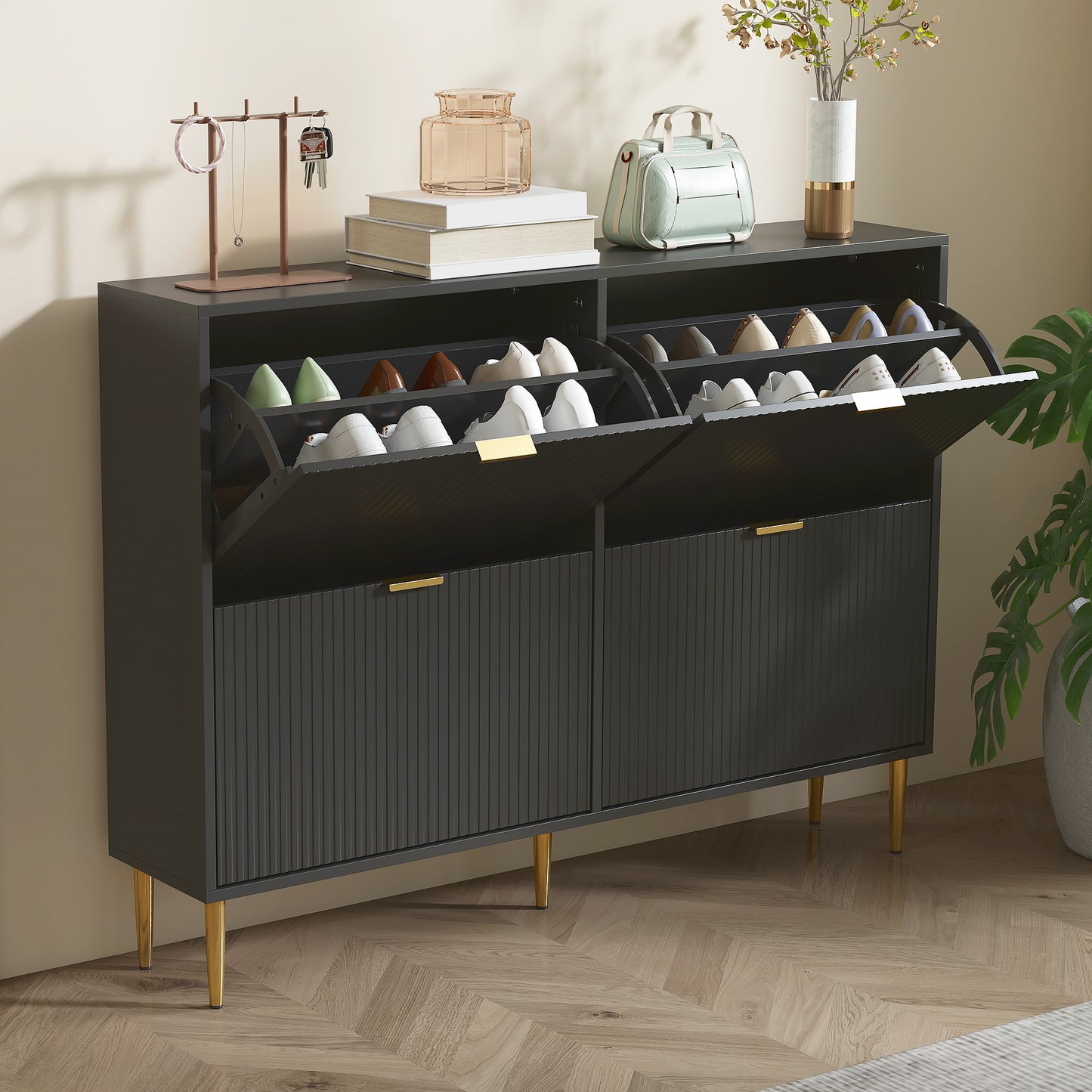 Slim Shoe Storage Cabinet with 4 Flip Drawers for Hallway, Black