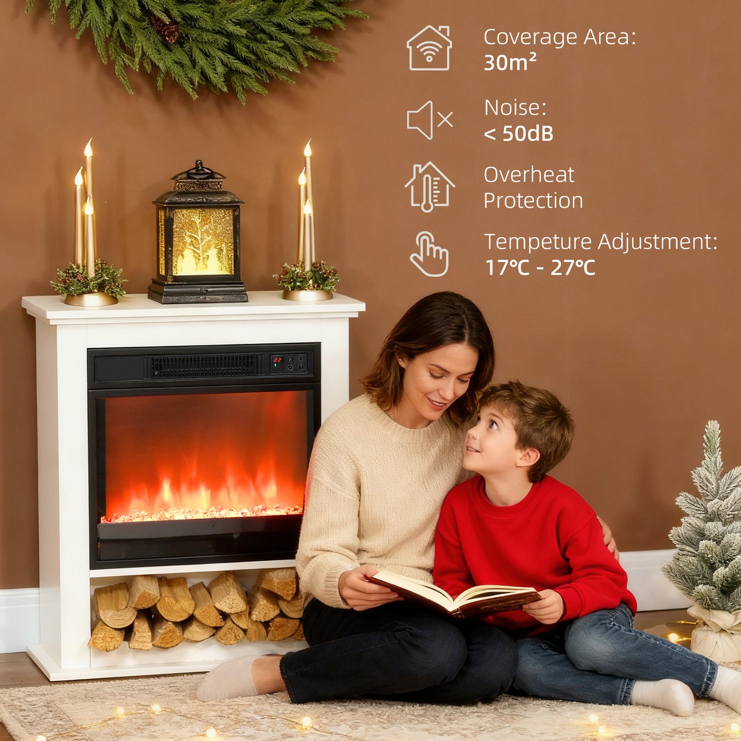 1800W White Electric Fire with Remote & Timer for Living Room