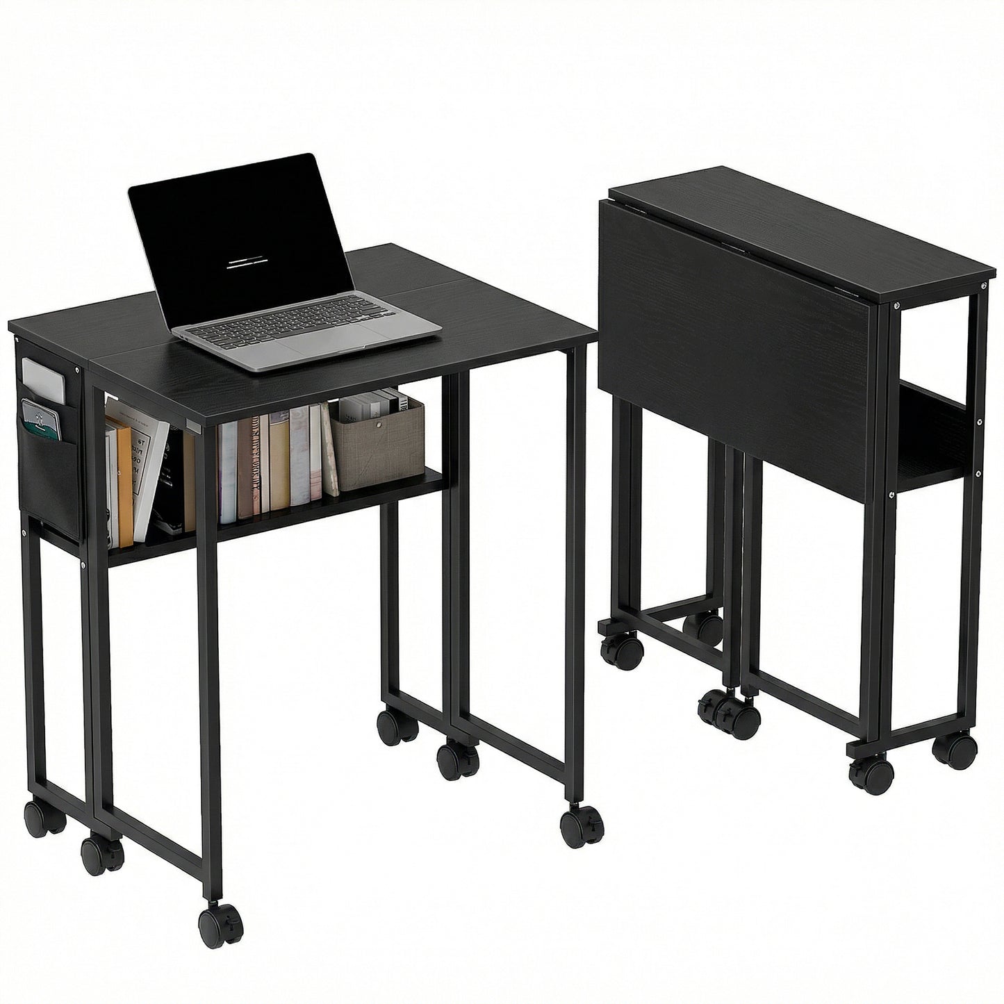 63 cm Foldable Computer Desk on Wheels for Small Spaces Black