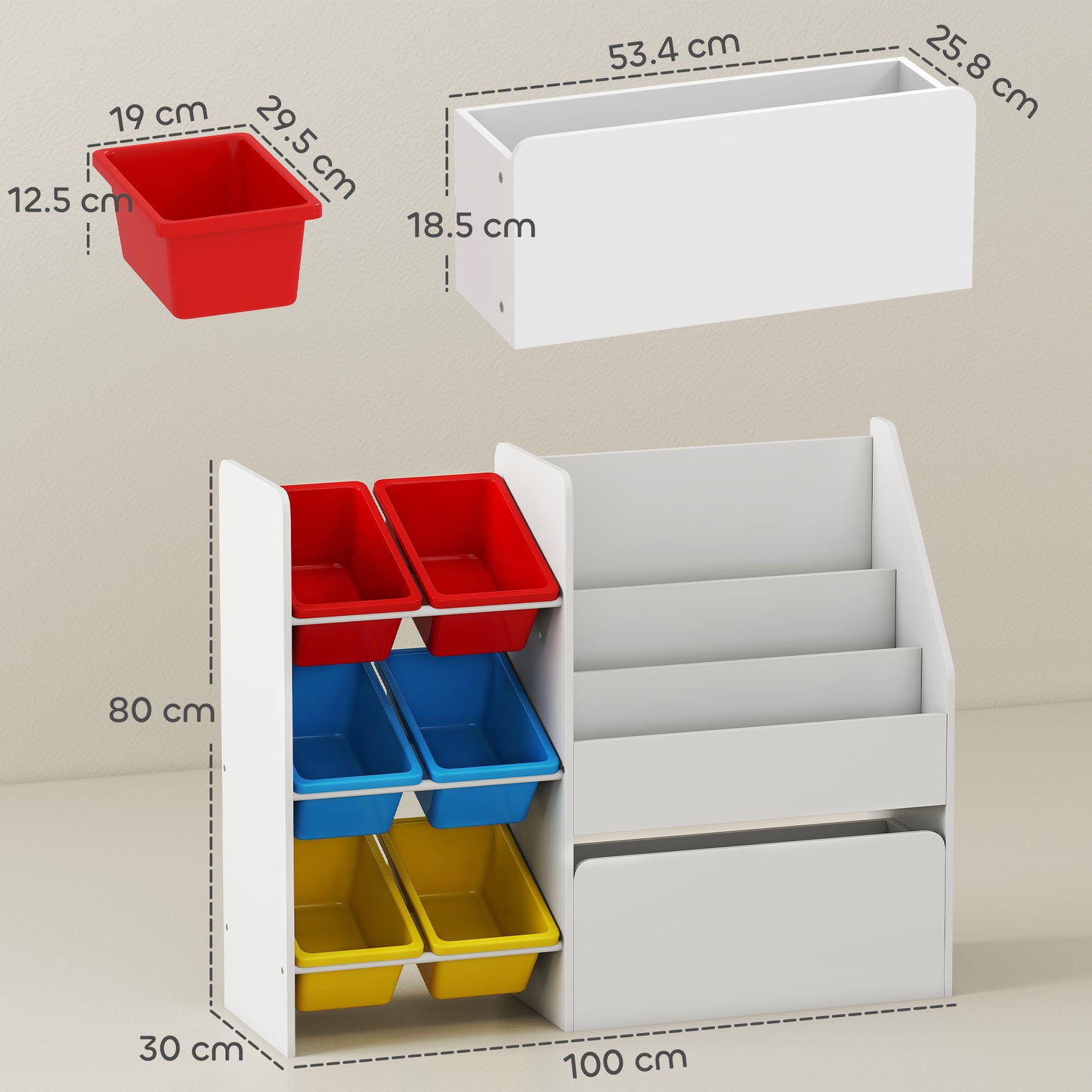 Toy Storage Unit, Childrens Bookcase with 6 Bins, Multicoloured