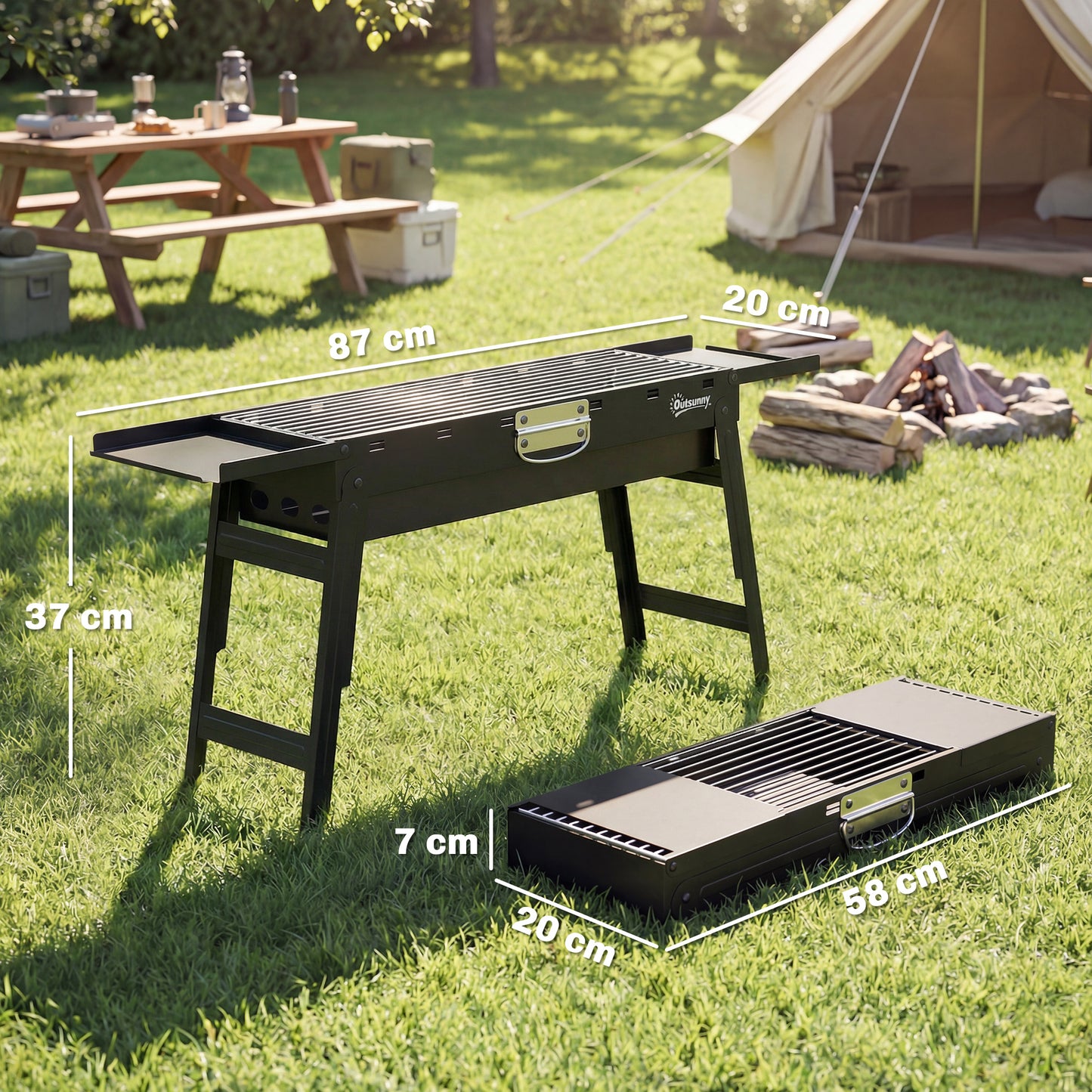 BBQ Grill, Charcoal Barbecue with 2 Side Shelves and Handle, Black