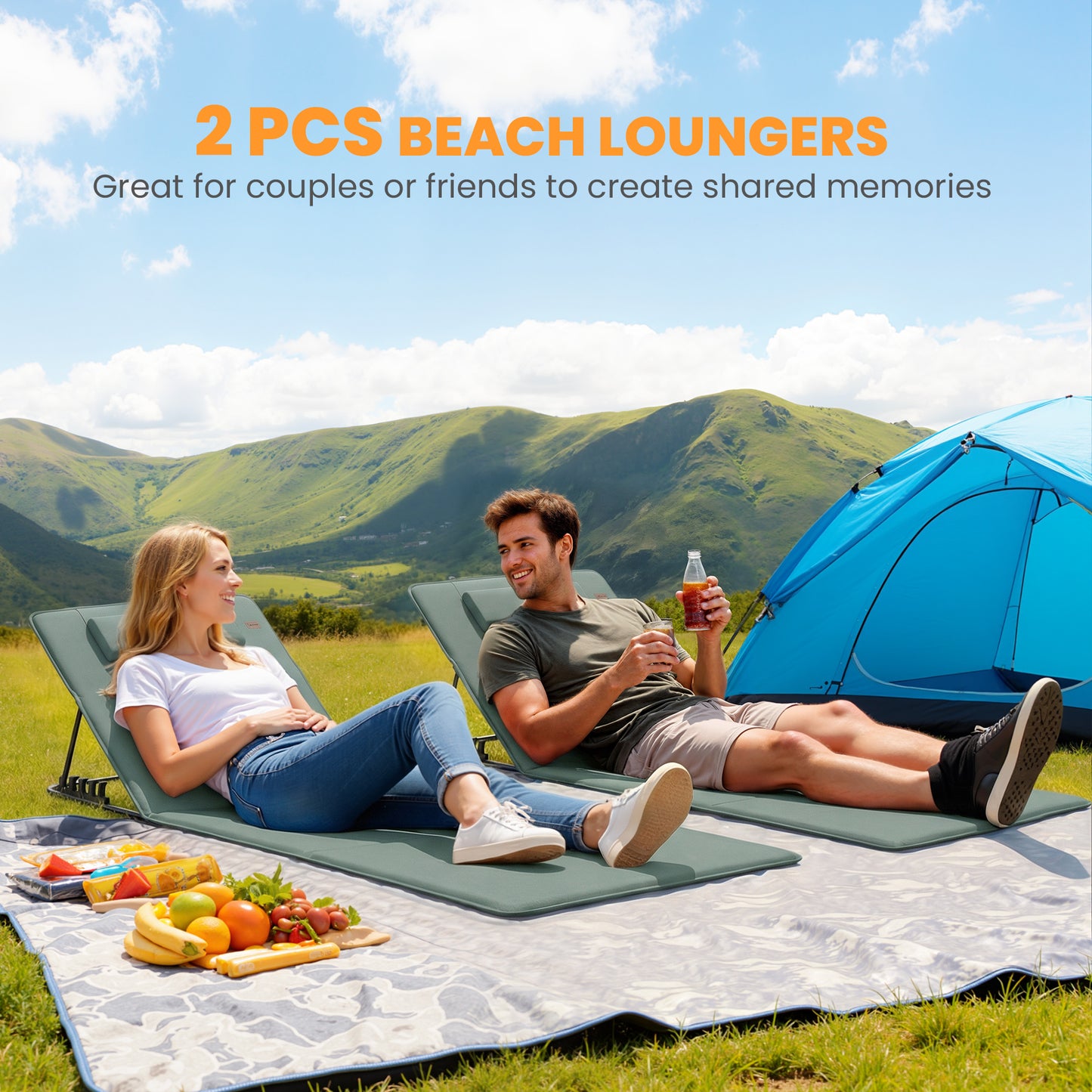2 Pcs Foldable Sun Loungers, Beach Lounger with Adjustable Back