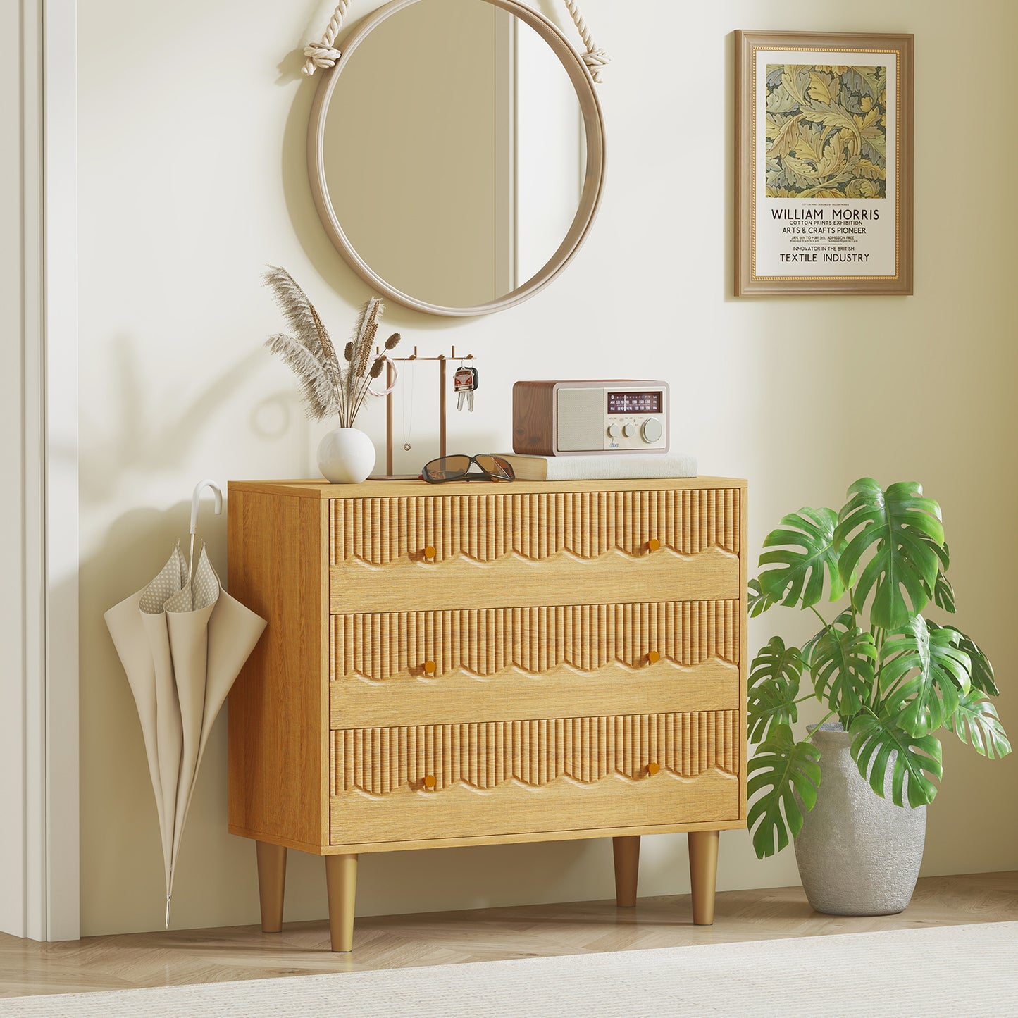 Chest of Drawers, 3 Drawer Dresser Steel Legs and Wooden Top, Oak