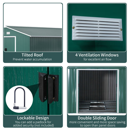 Outsunny 13 x 11ft Garden Metal Storage Shed Outdoor Storage Shed with Foundation Ventilation & Doors, Green