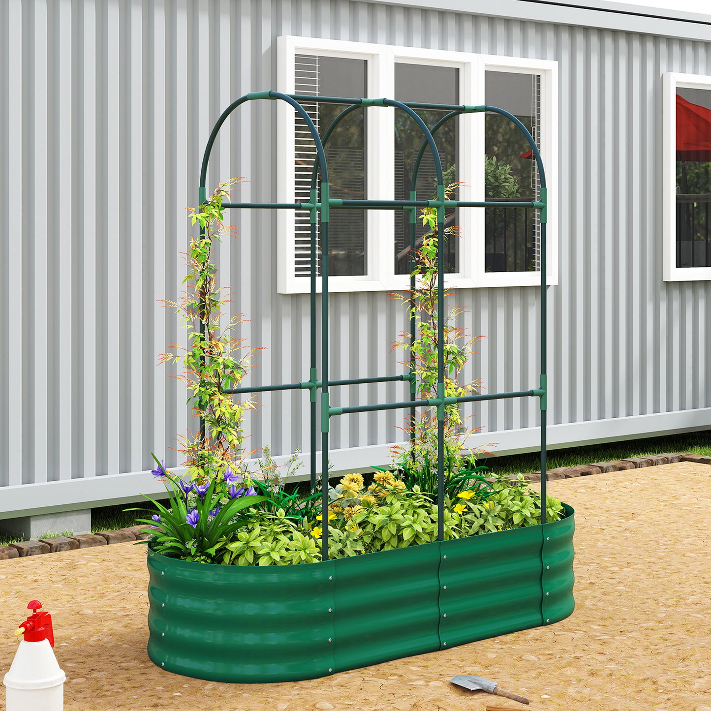 4 x 2 x 4.6ft Galvanised Raised Garden Bed with Trellis, Green