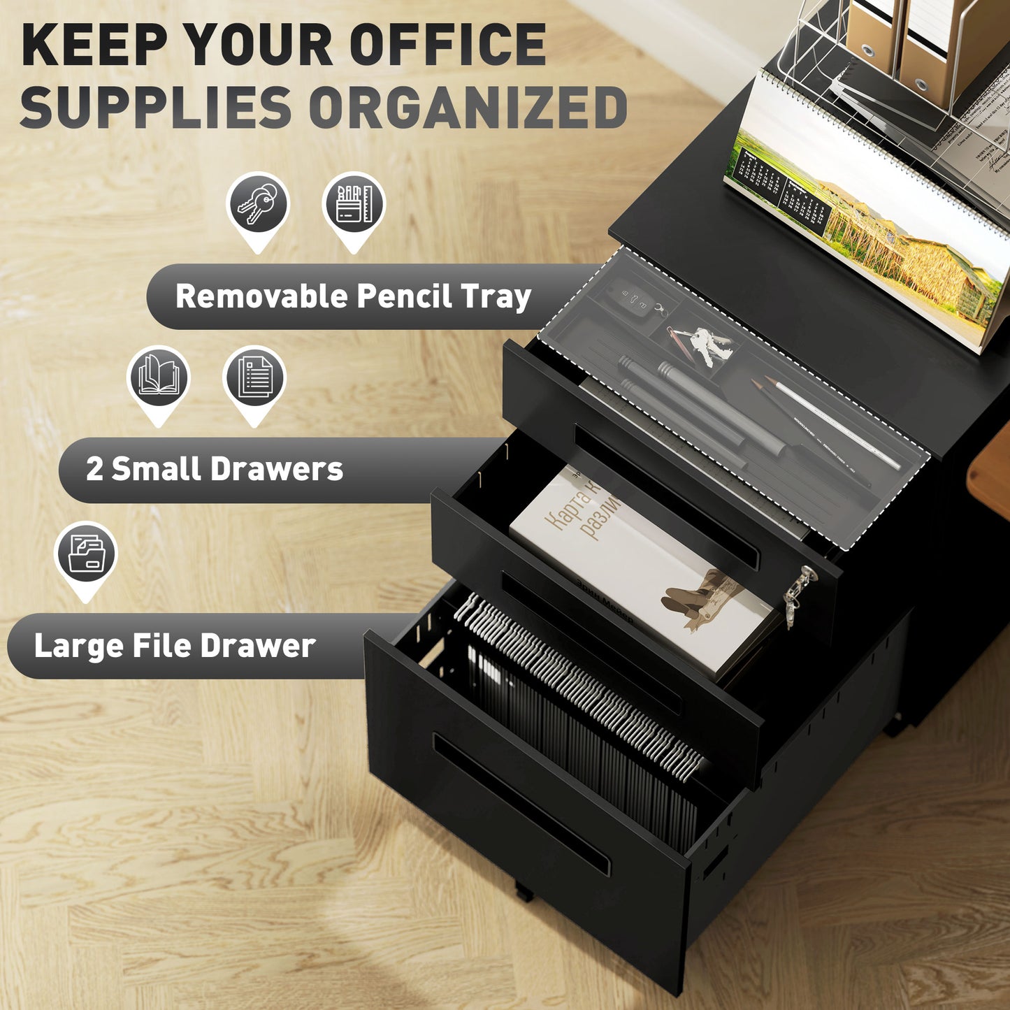 Lockable Mobile Filing Cabinet w/ 3 Drawers 39 x 48 x 60 cm Black